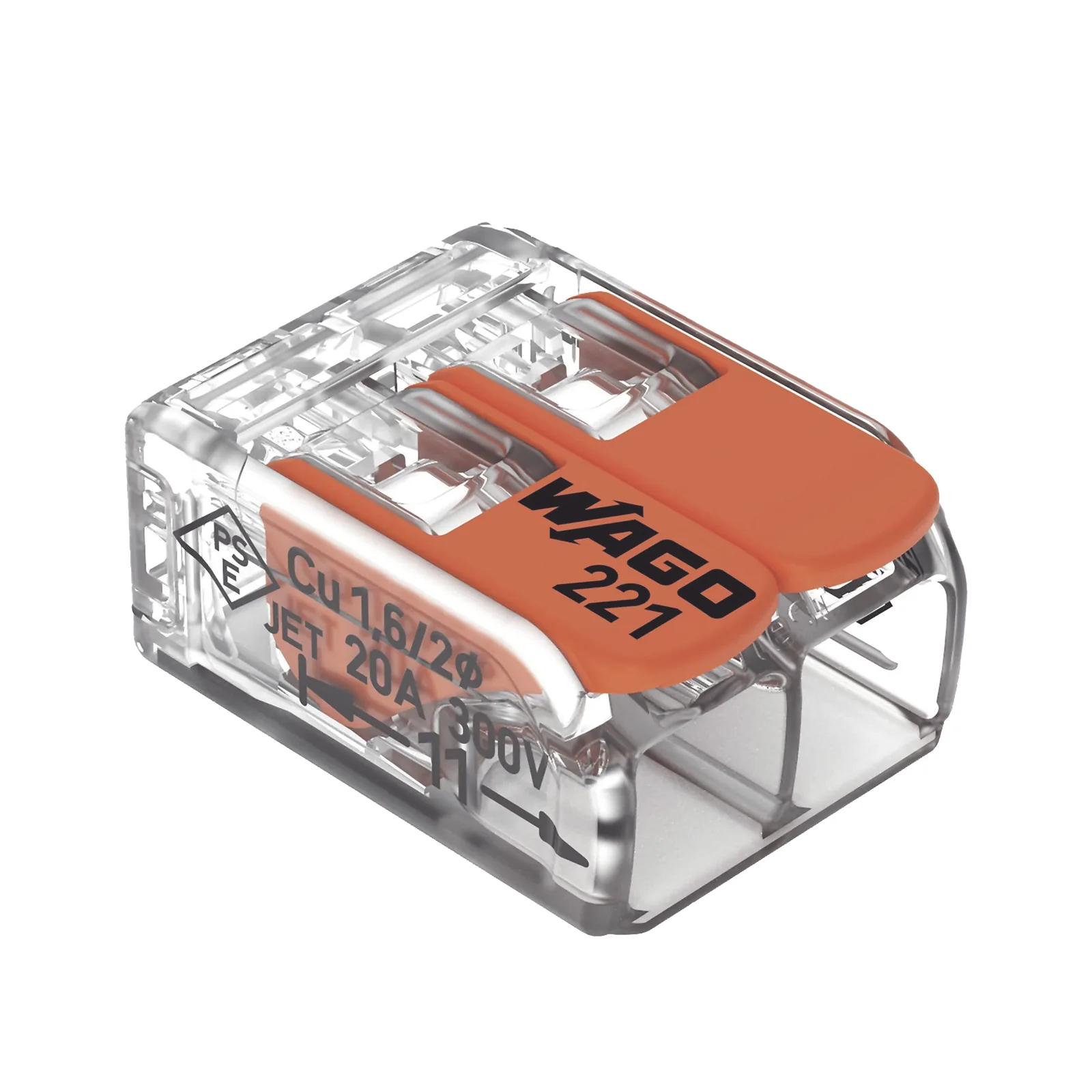 Borna de Conexión / Serie 221 / Palancas Naranja / 2 Conductores 4 mm² / Carcasa Transparente / 300V 20A / T85 / UL ENEC Certificado