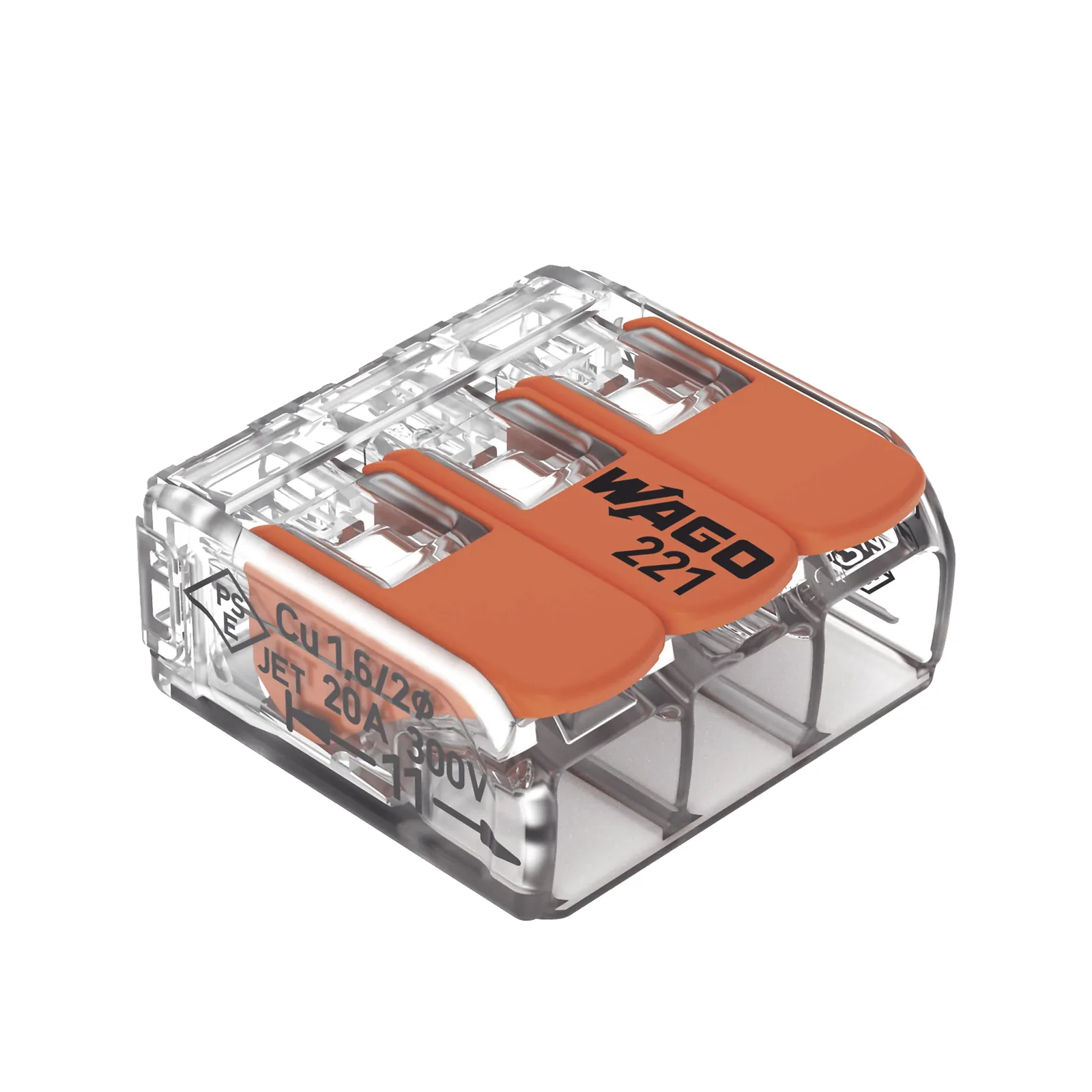 Borne de Conexión con Palancas / 3 Conductores / Carcasa Transparente / Tecnología CAGE CLAMP® / 4 mm² (12 AWG) / 450V 32A / T85