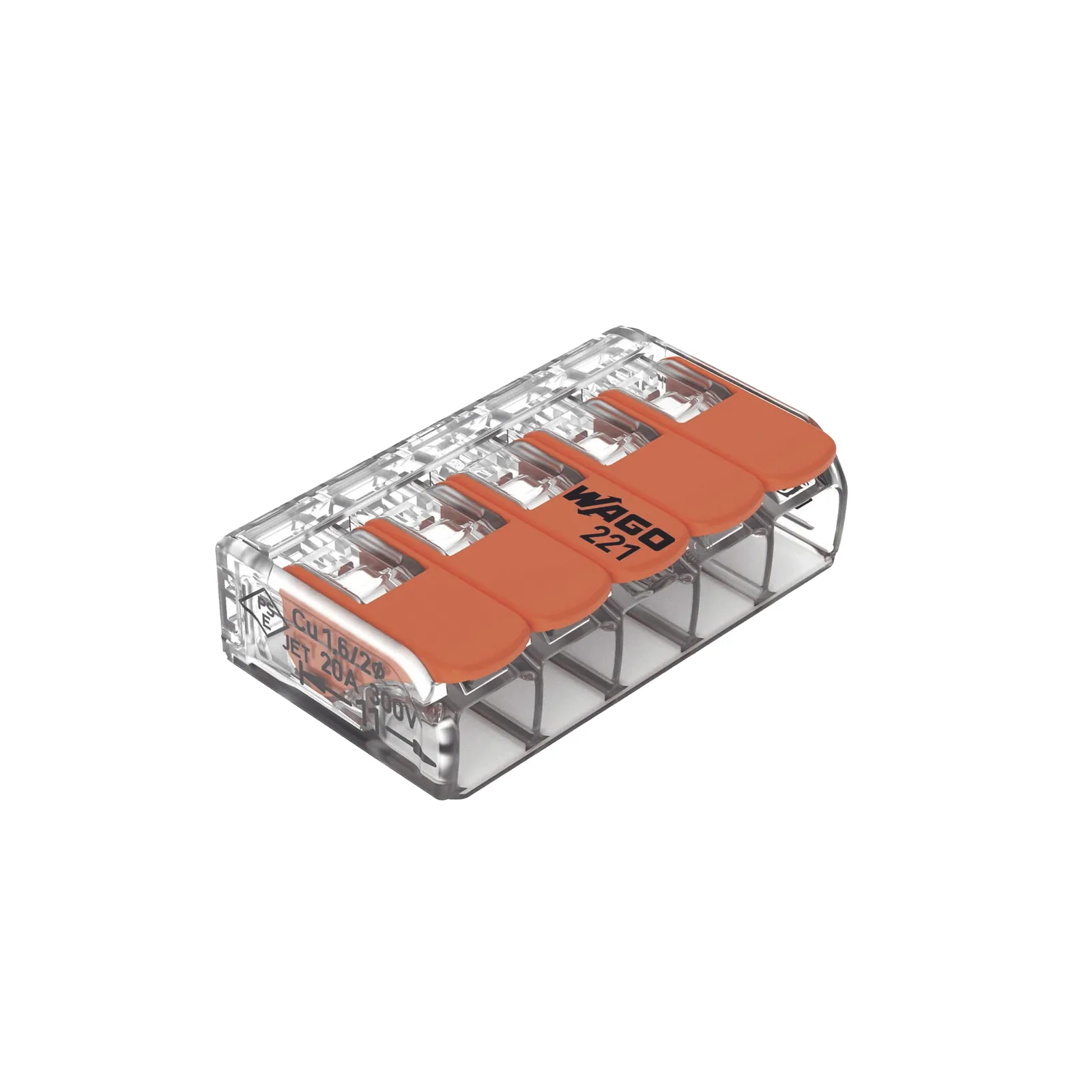 Borna de Conexión / 5 Conductores / 4 mm² Máximo / Palanca Naranja / Transparente / 32A 450V / UL JET ENEC / CAGE CLAMP® / T85