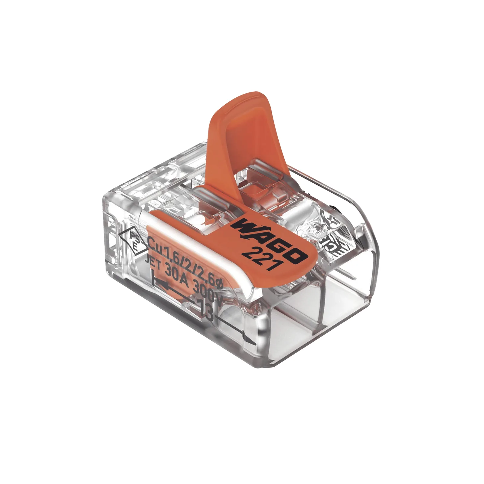 Borne de Conexión con Palancas / Serie 221 / 6 mm² Máximo / 30 A / 300 V / Transparente / T85 / CAGE CLAMP® / Conexión Lateral