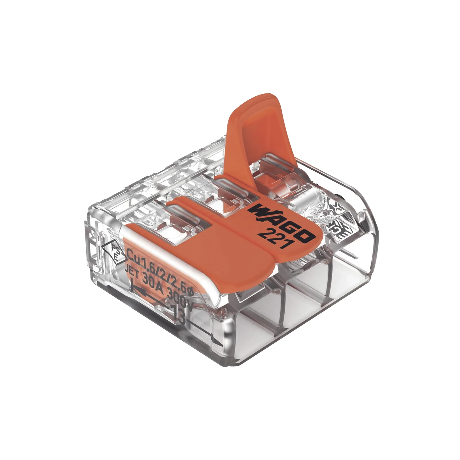 Borna de Conexión con Palancas / 3 Conductores / CAGE CLAMP® / 6 mm² (10 AWG) Máximo / 32A 450V / Transparente / Palancas Naranja / TB85