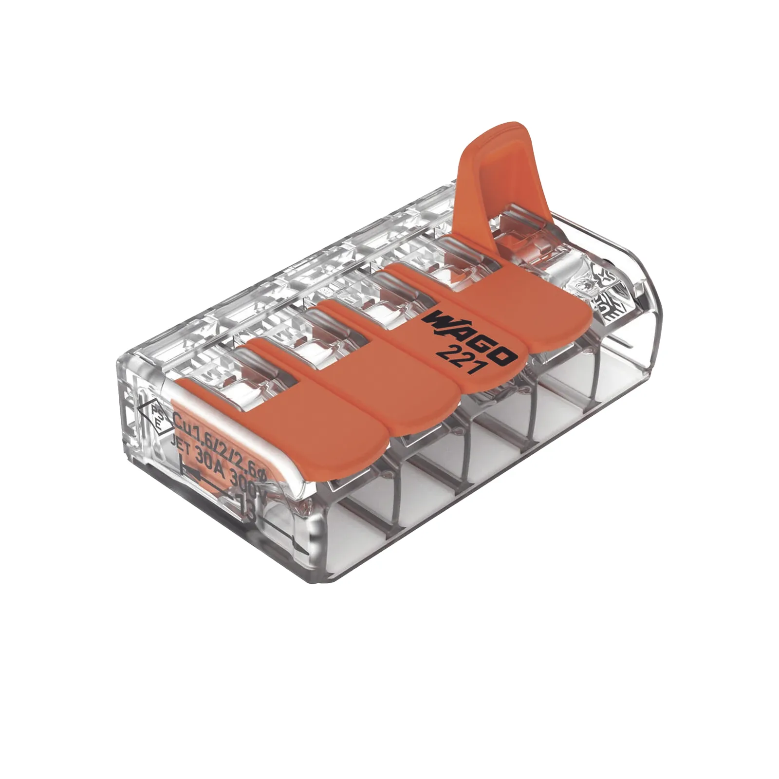 Conector Eléctrico / Borna de Conexión con Palancas / 5 Puntos / 6 mm² Máximo / 30A 450V / Transparente / CAGE CLAMP® / UL-ENEC-CB
