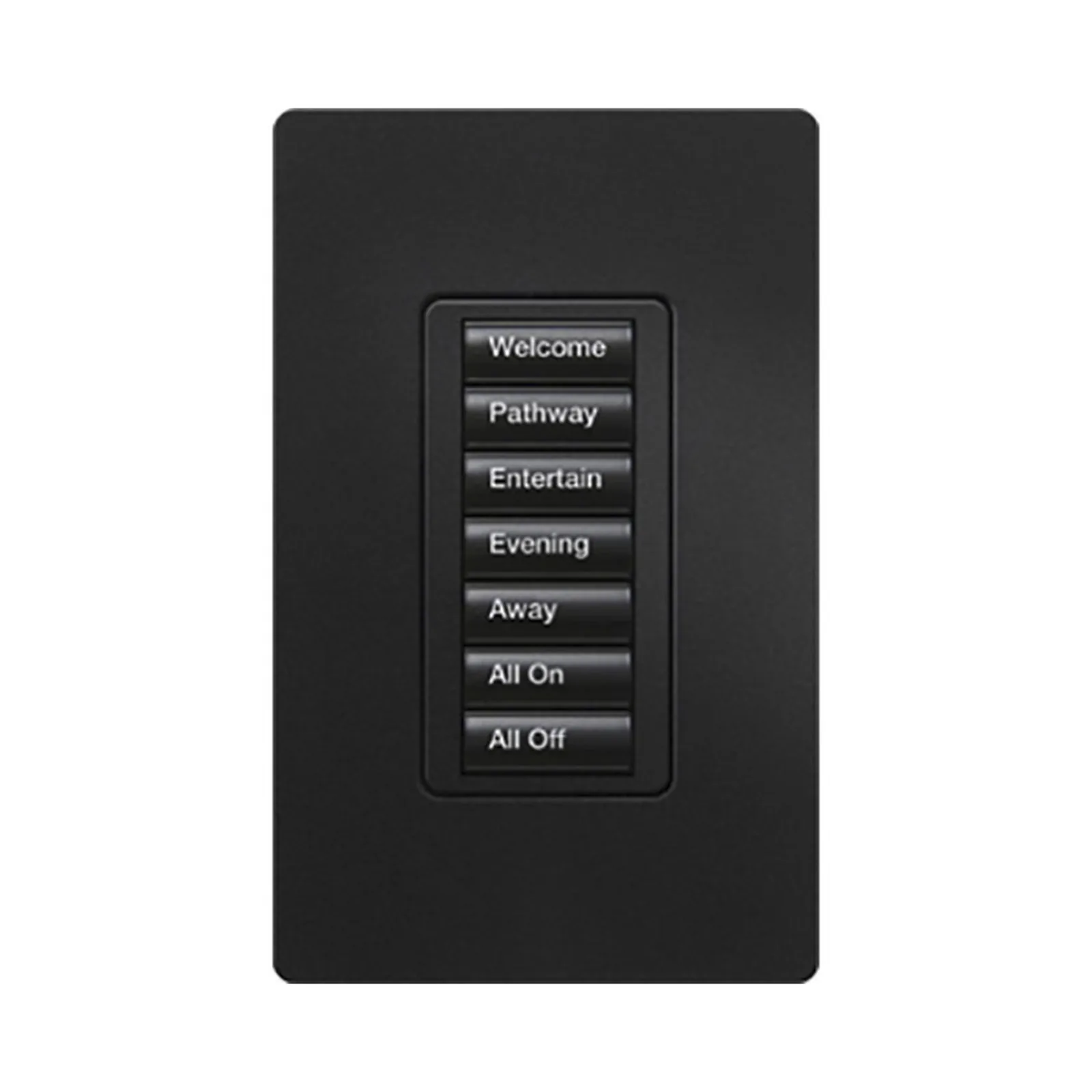 Teclado de pared seeTouch de 7 botones retroiluminados para control de escenas de luces y cortinas en sistema RadioRA 2, color Midnight satinado