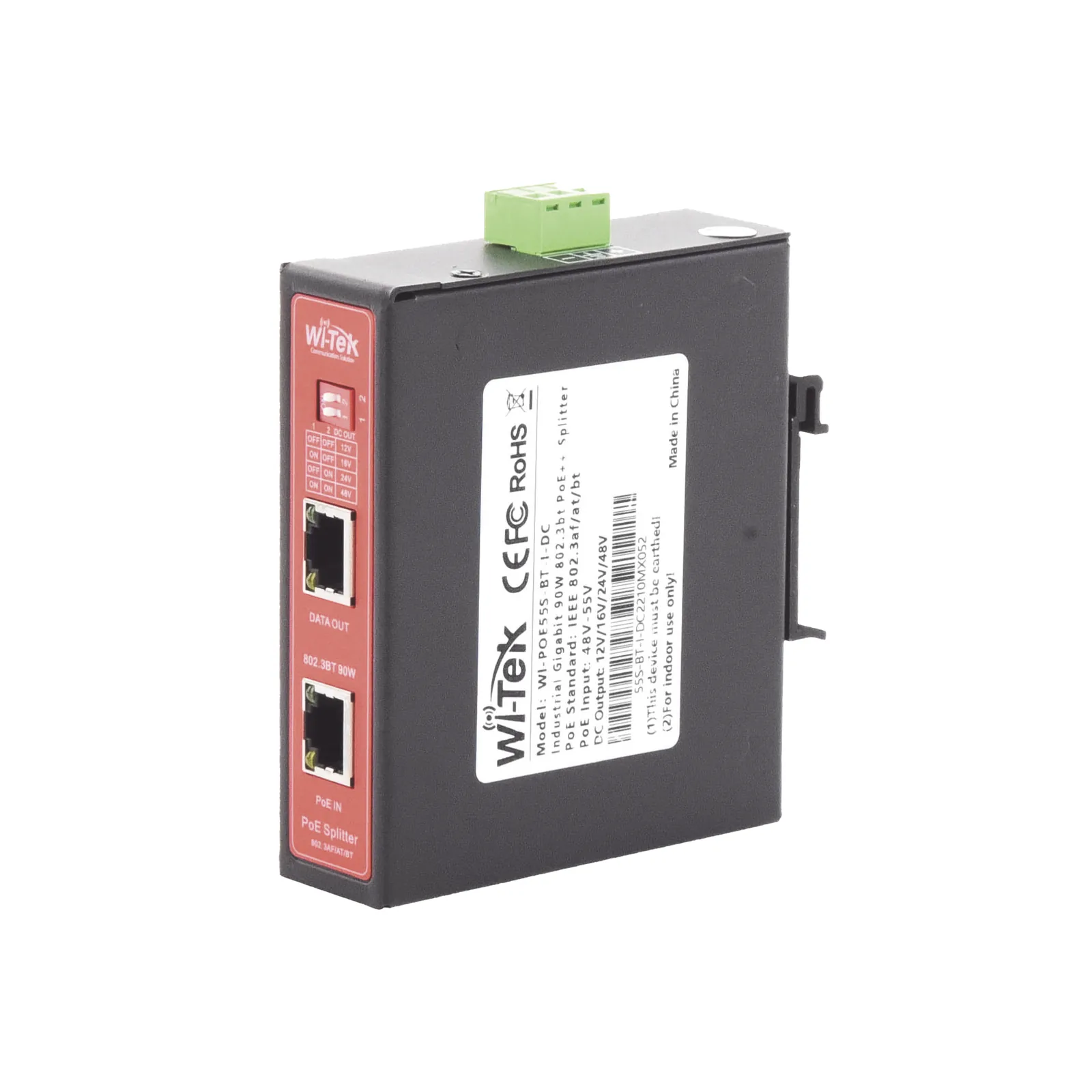 Splitter PoE IN hasta 90 W / Salida DC 12v/16V/24v o 48V / Carcasa metálica / Industrial soporte para riel DIN / Aplicaciones CCTV