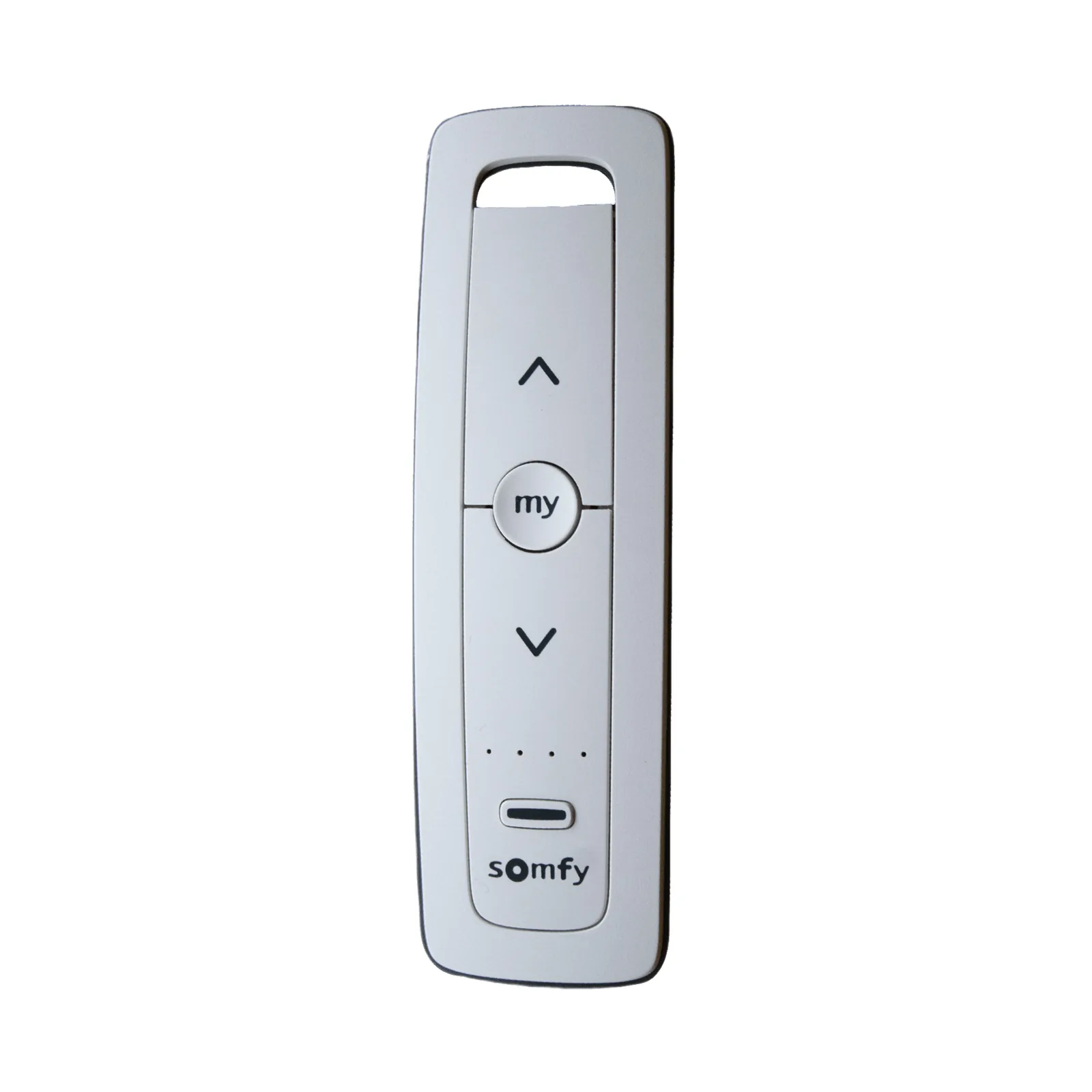 Control remoto 5 canales para motores de persiana Somfy con señal inalámbrica, instrucciones: sube, baja y detener, con posición favorita programada.