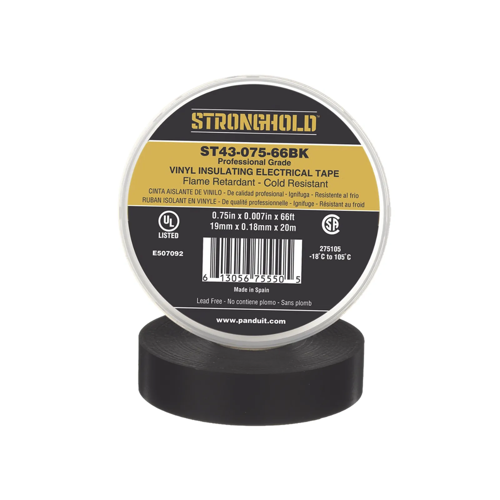 Cinta Eléctrica STRONGHOLD para Aislar, de PVC, Uso Profesional en Construcción Eléctrica, Grosor 0.18mm (7 mil), Ancho 19mm, y 20m Largo, Color Negro.