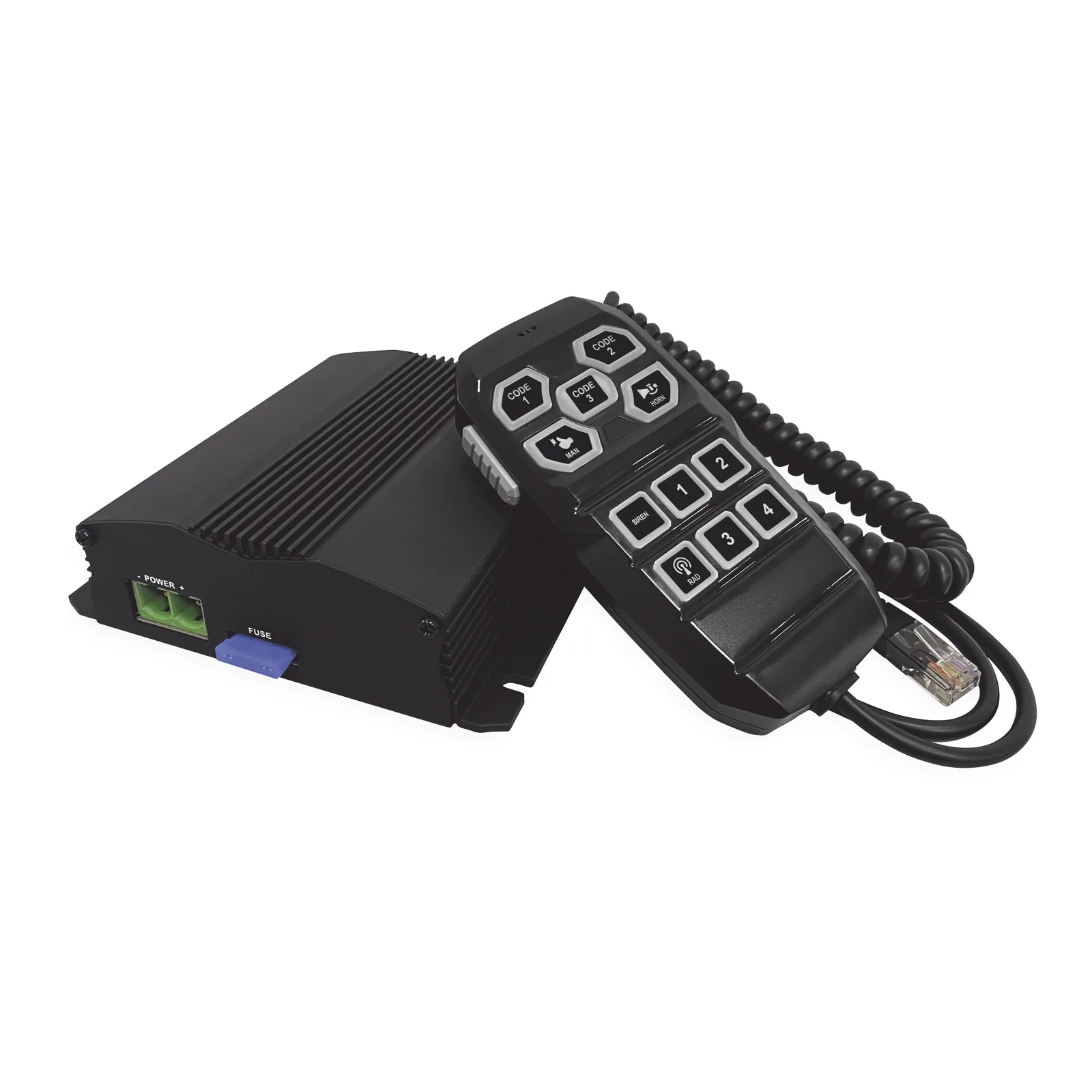 Sirena Vehicular de 100W de Potencia, Incluye Controlador Unimando Para Control de Tonos, 4 Salidas Auxiliares y Microfono