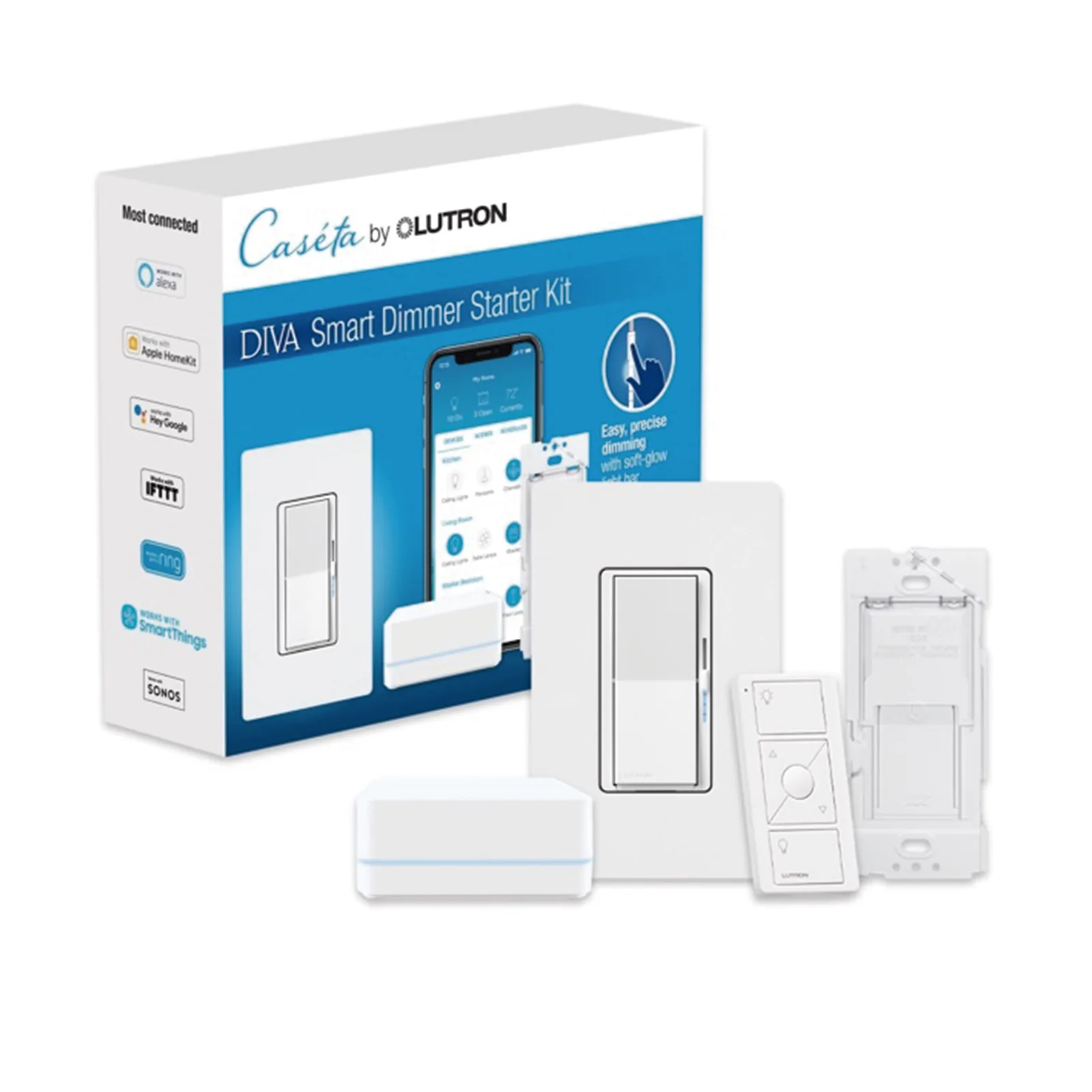 Kit de inicio Caseta Wireless con hub, atenuador de pared Diva de 150 W LED o 600 W incandescente sin neutro, control Pico, tapa y adaptador de pared, compatible con Apple HomeKit