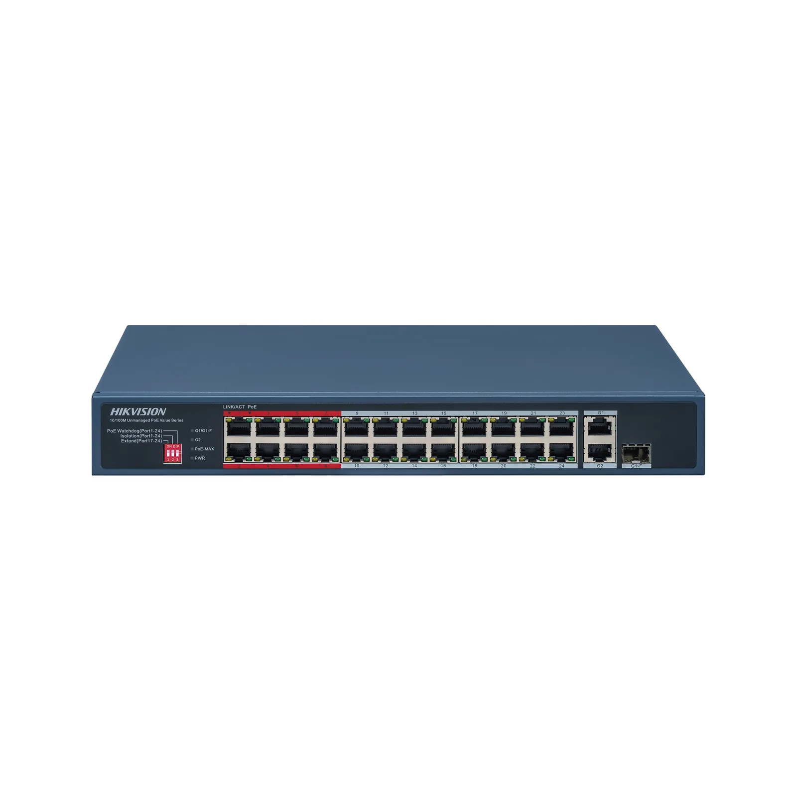 Switch PoE+ / No Administrable / 24 Puertos 10/100 Mbps PoE+ / 2 Puertos 1000 Mbps Uplink / 1 Puerto SFP Uplink / Modo Extendido hasta 300 Metros / 230 W