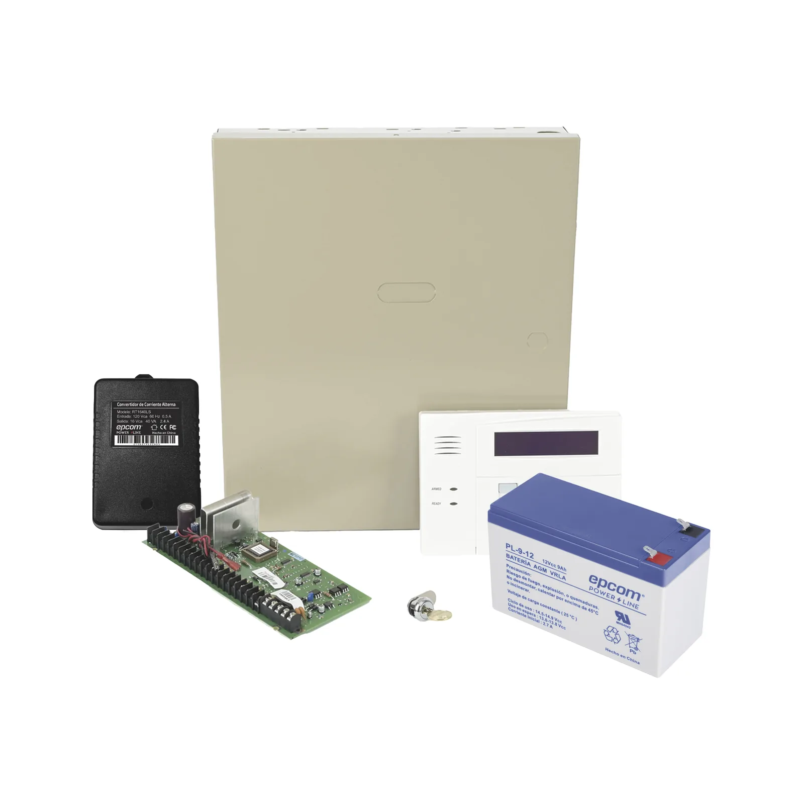 Kit de panel de alarma con teclado alfanumérico, batería de respaldo, transformador y gabinete