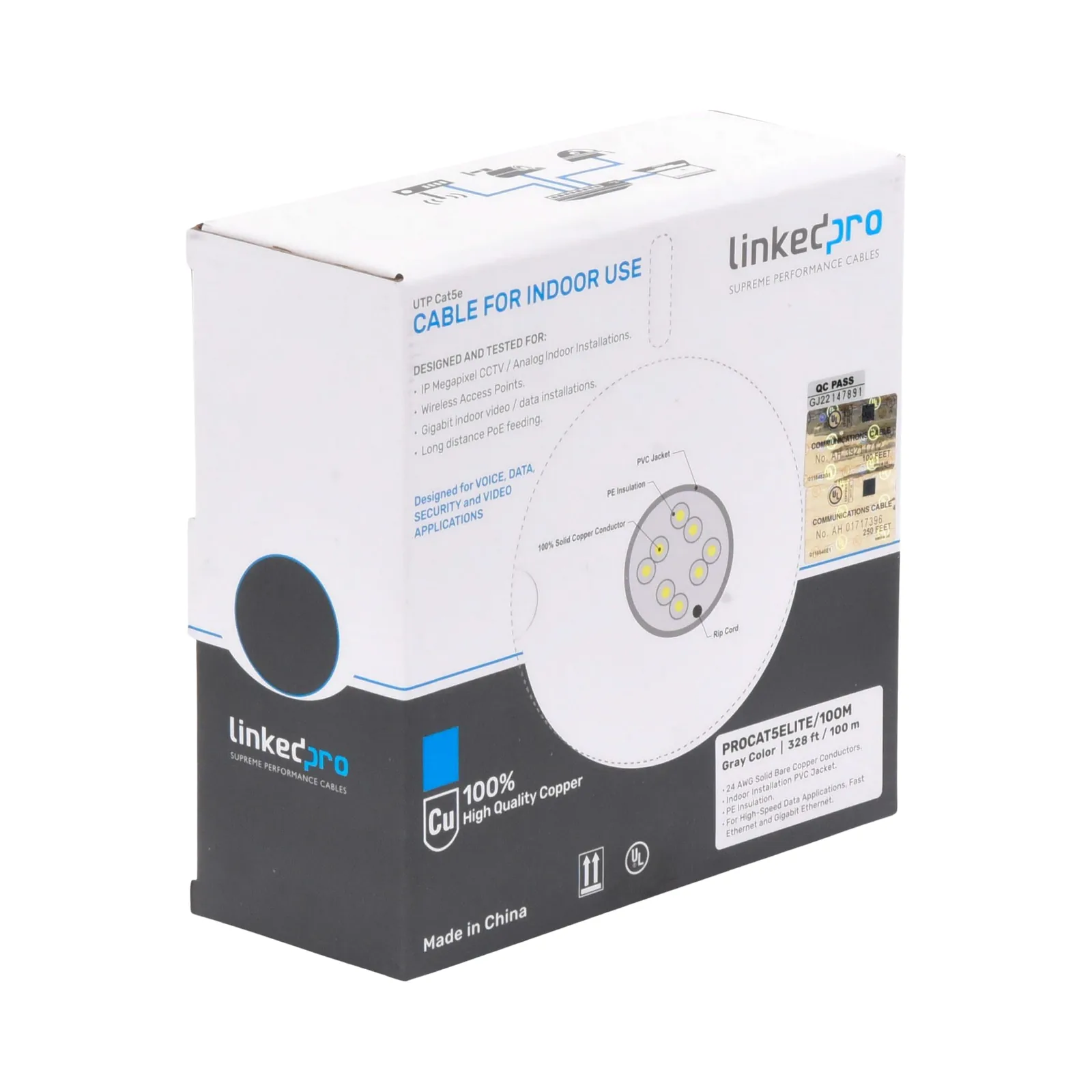 Bobina de Cable de 100 Metros (328.08 Pies), Cat5e, 24 AWG, Color Gris, UL, para Aplicaciones en Videovigilancia, Redes de Datos. Uso Interior