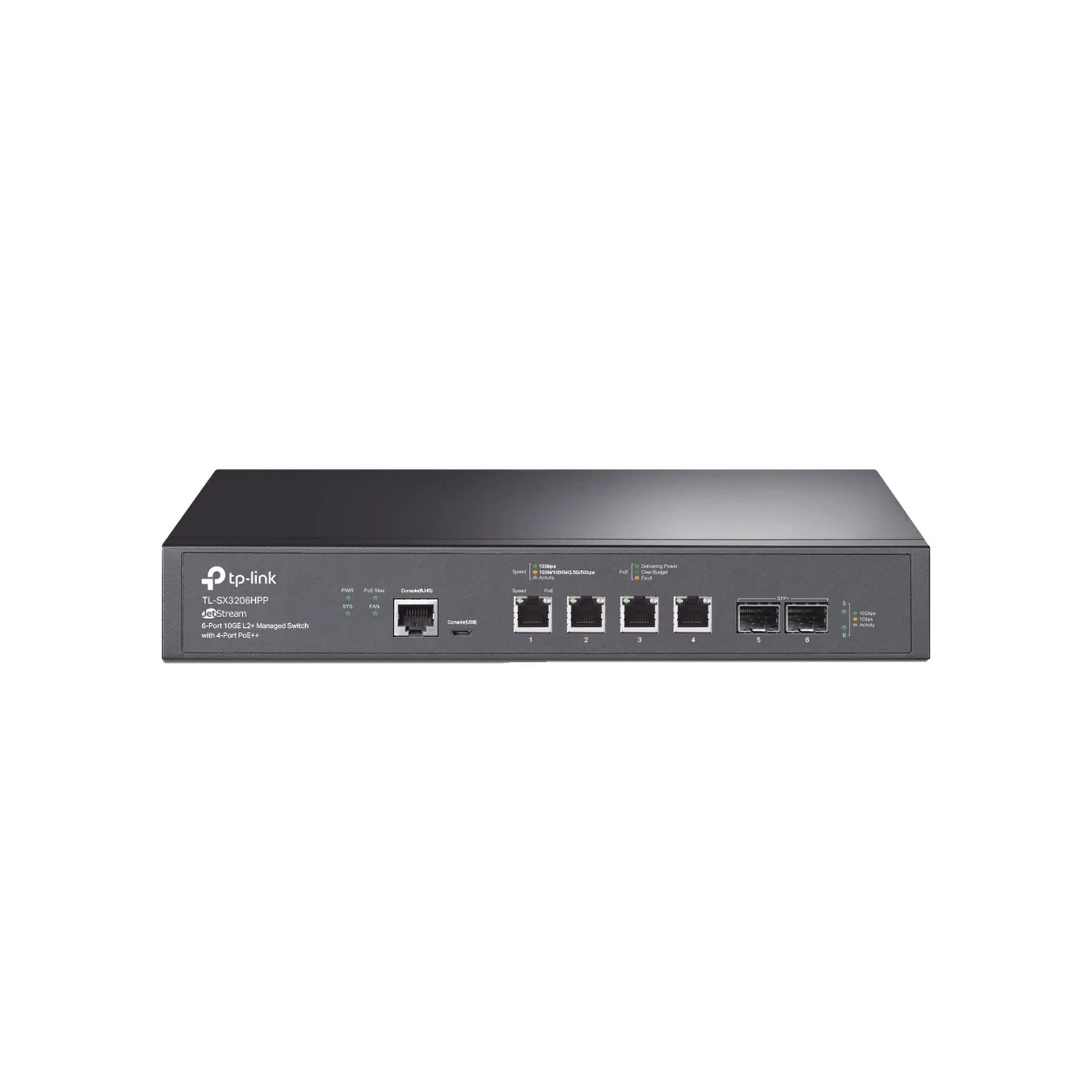 Switch L2+ PoE++ Omada 6 Puertos 10G / 4 Puertos 802.3 af/at/bt Multi-Gigabit 1G, 2.5G, 5G, 10G / 2 Puertos SFP+ 10G / Multicast IGMP / Adminstración Centralizada Omada o Stand-Alone / Presupuesto PoE 200W / Montaje Rack-Escritorio