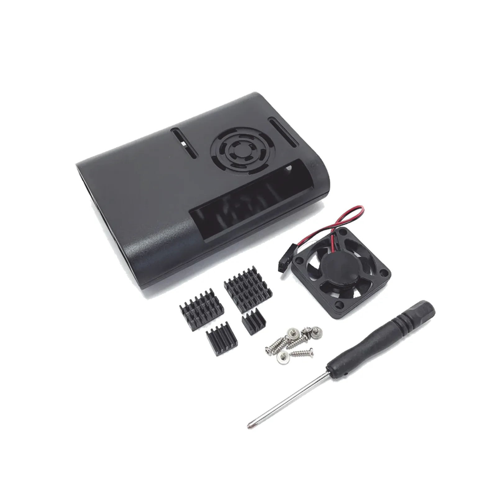 Kit Gabinete para Raspberry Pi 4 Model B / Plástico ABS / Color Negro / Ventilador / Disipadores / Incluye Desarmador