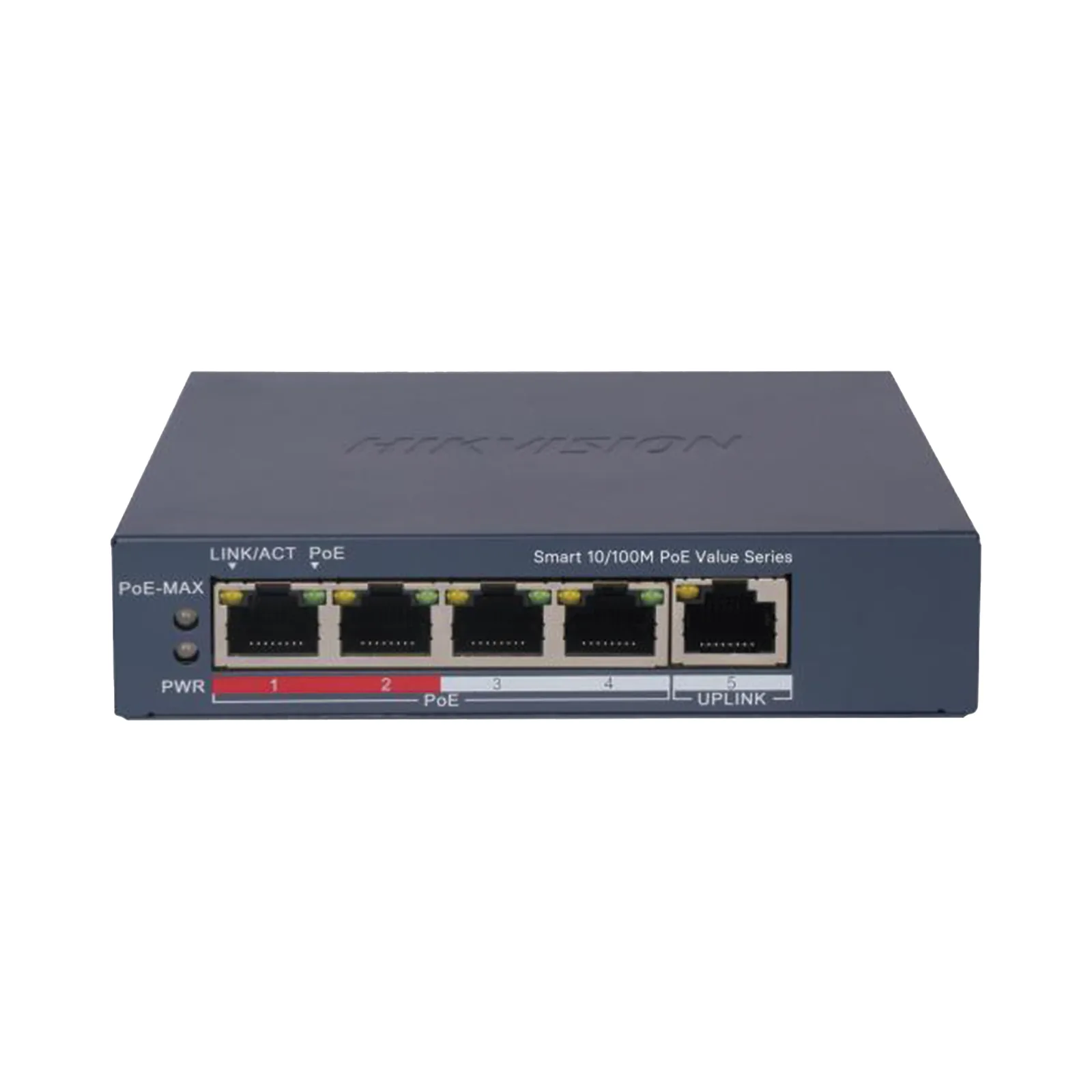 Switch PoE+ / Monitoreable / 4 Puertos 10/100 Mbps PoE+ / 1 Puerto 10/100 Mbps Uplink / Configuración Nube Hik-PartnerPro / Modo Extendido hasta 300 Metros / 45 W