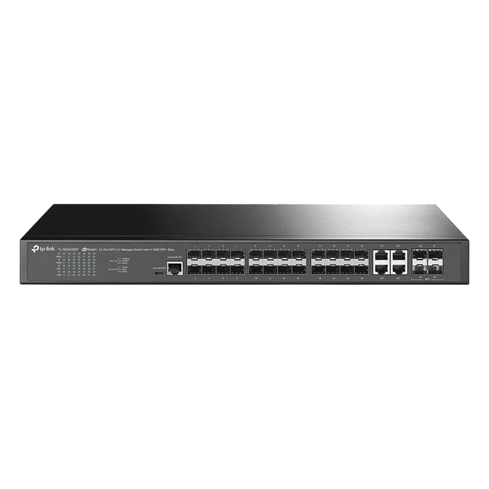 Switch de Fibra Óptica L2+ Omada / 24 puertos SFP 1GE / 4 Puertos Combinados SFP+/RJ45 Gigabit / 2 Puertos Consola RJ45|micro-SUB / Administración Centralizada Omada o Stand-Alone / Compatile con IPv6 / Multicast IGMP