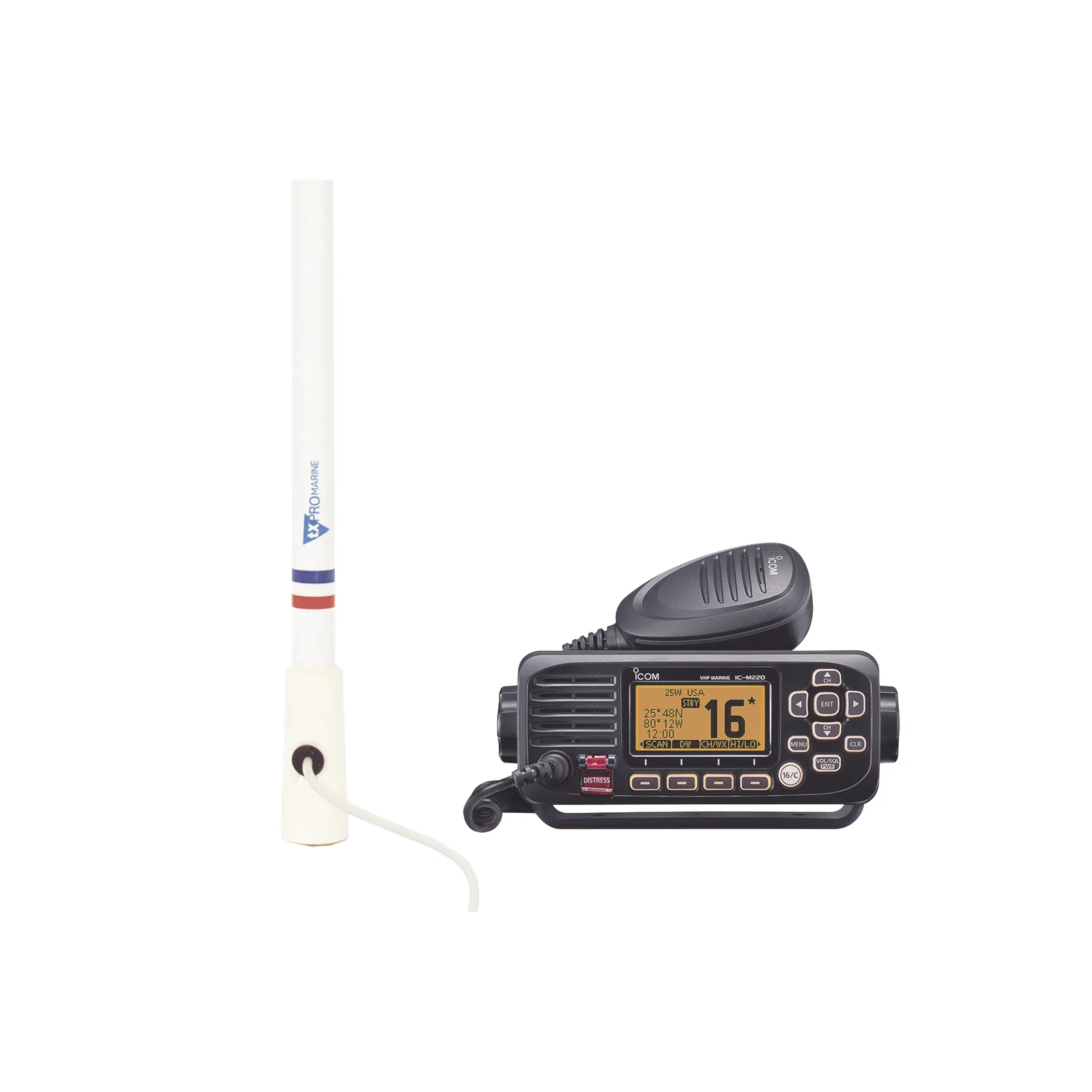 Kit de radio IC-M220 | mas antena marina de fibra de vidrio TX-5206-SYS y soporte para antena 4186
