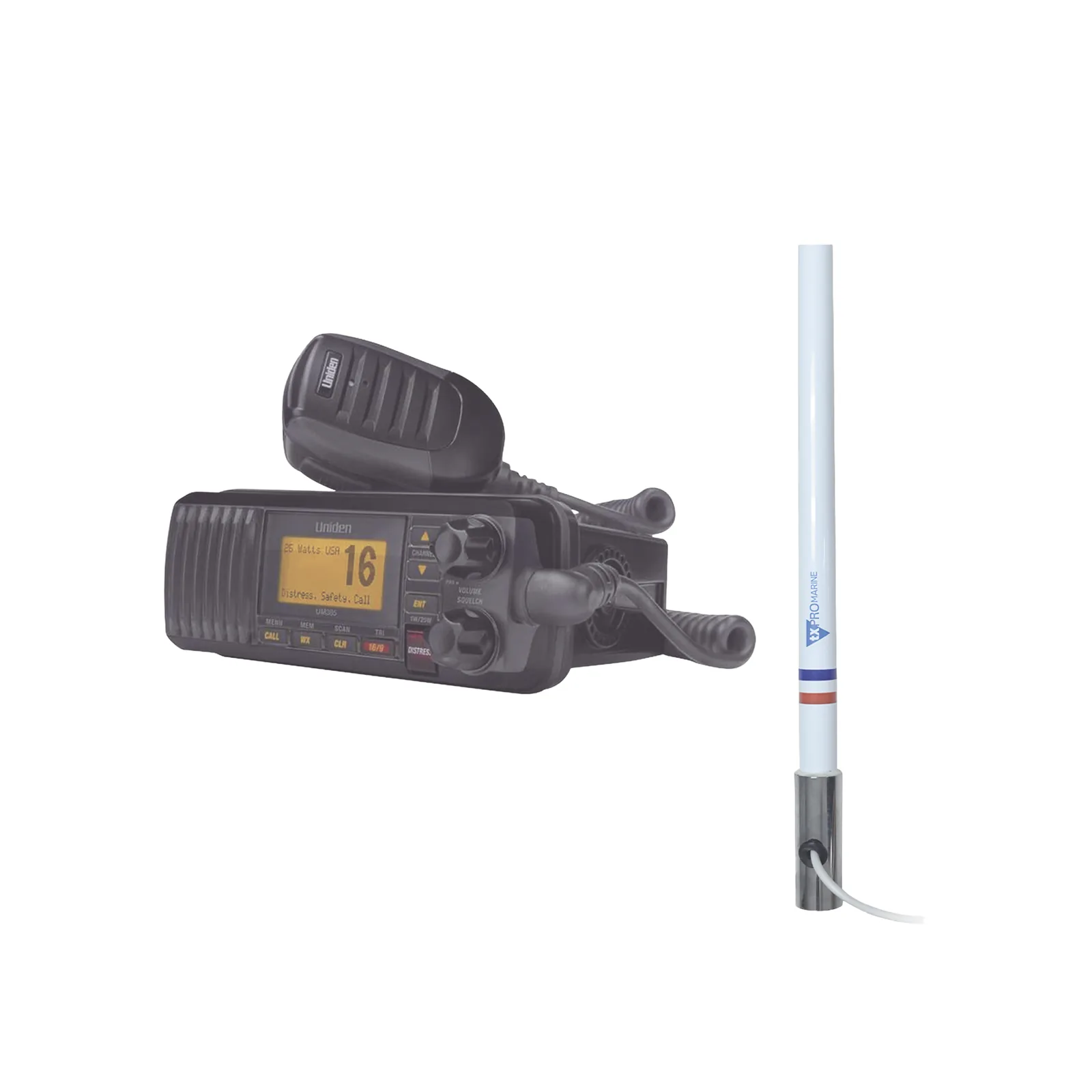 Kit de radio UM385BK | mas antena marina de fibra de vidrio TX-5101SYS/10M fabricada en fibra de vidrio con base roscable de acero inoxidable