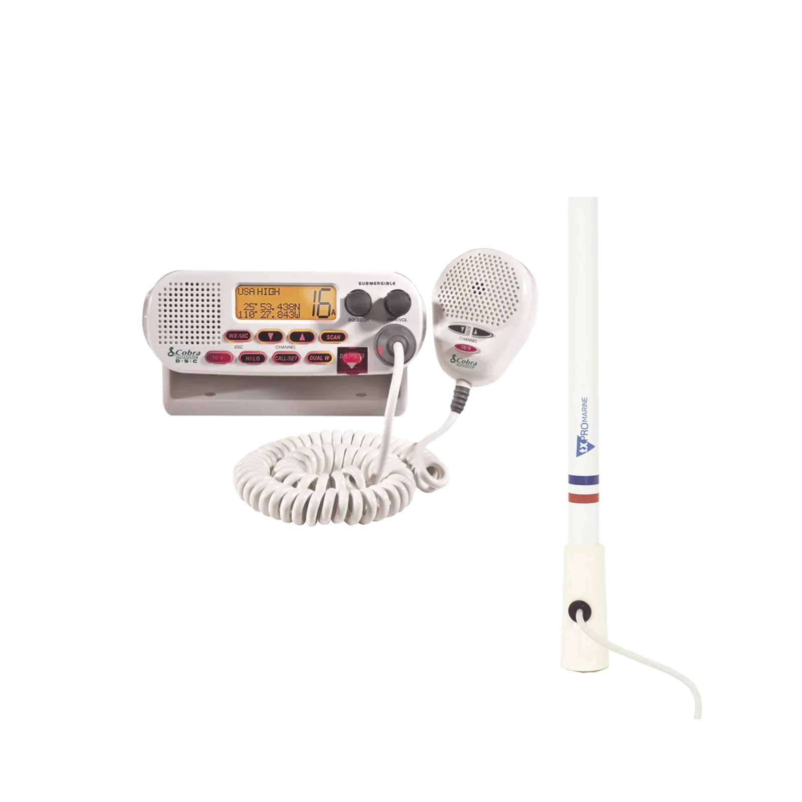 Kit de radio MRF45D | mas antena marina de fibra de vidrio TX-5206-SYS y soporte para antena 4186