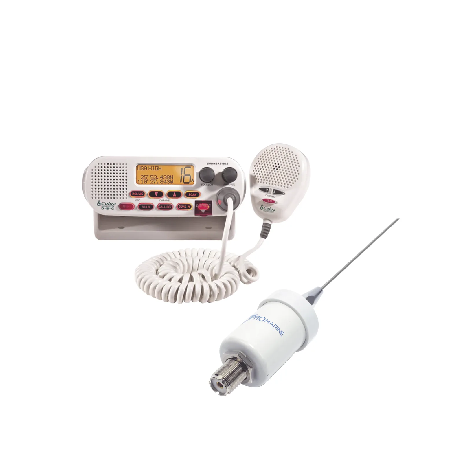 Kit de radio MRF45D | mas antena marina TX-1600-SYS. Incluye cable de 4.5 m con conectores PL-259 instalados y montaje en L