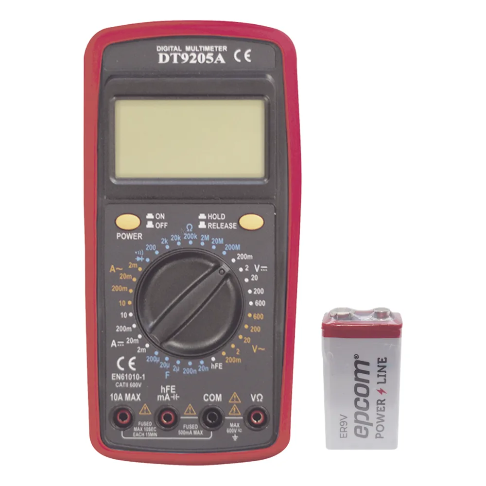 KIT Multímetro Digital DT9205A 600 Vcc / Vca CATII, con Pantalla LCD. Incluye Batería ER-9V de 9V