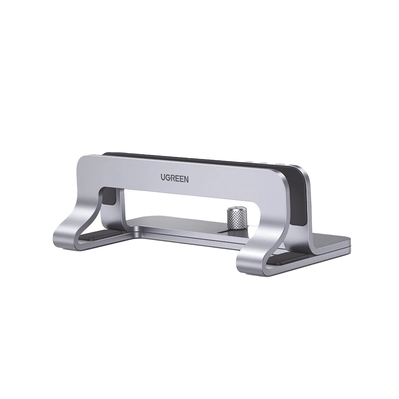 Soporte Vertical para Laptop / Adecuado para escritorio / Anchura Ajustable (12-26mm) / Amplia compatibilidad / Anti-Arañazos / Anti-Deslizante /Ajustable Mediante Tornillos / Color Plata / Aluminio + Silicona