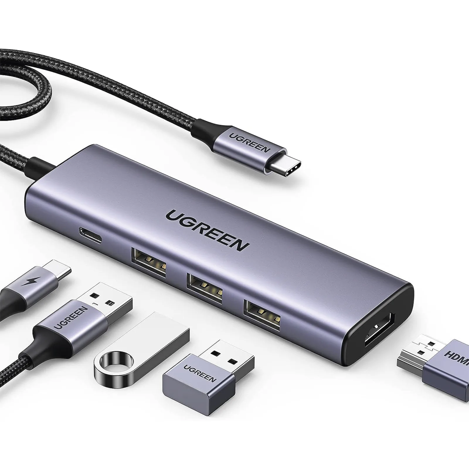 HUB USB-C (Docking Station) 5 en 1 | HDMI 2.0 4K@30Hz | 3 USB-A 3.0 (5Gbps) | USB-C PD Carga 100W | Potente Disipación de Calor | Chip de Ultima Generación | Cable de Nylon Trenzado de 25 cm | Carcasa de Aluminio.
