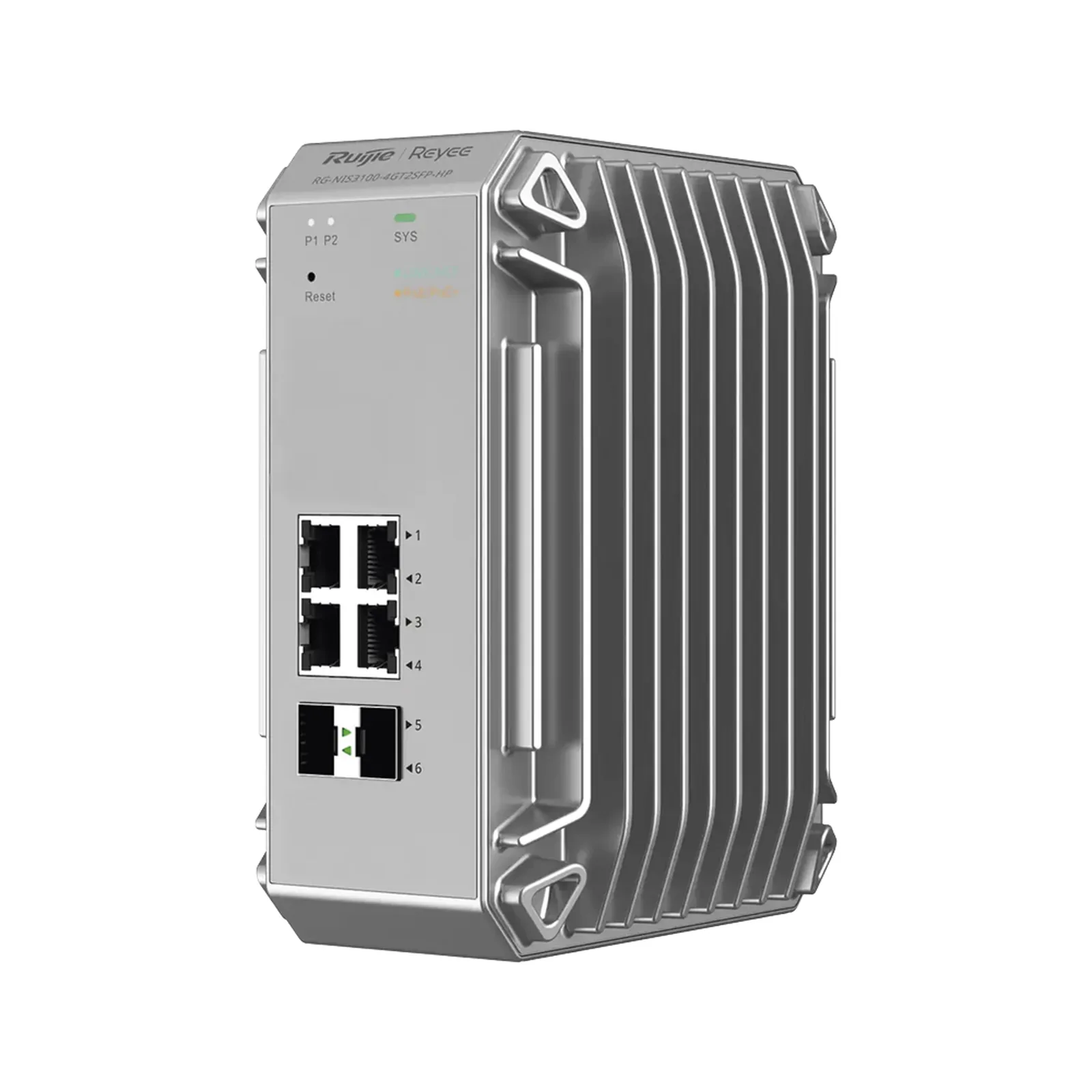 Switch Industrial PoE hasta , Ideal para temperaturas Extremas y protección contra descargas, 4 Puertos Gigabit PoE 802.3 af/at, 2 puertos SFP Administrable Cloud