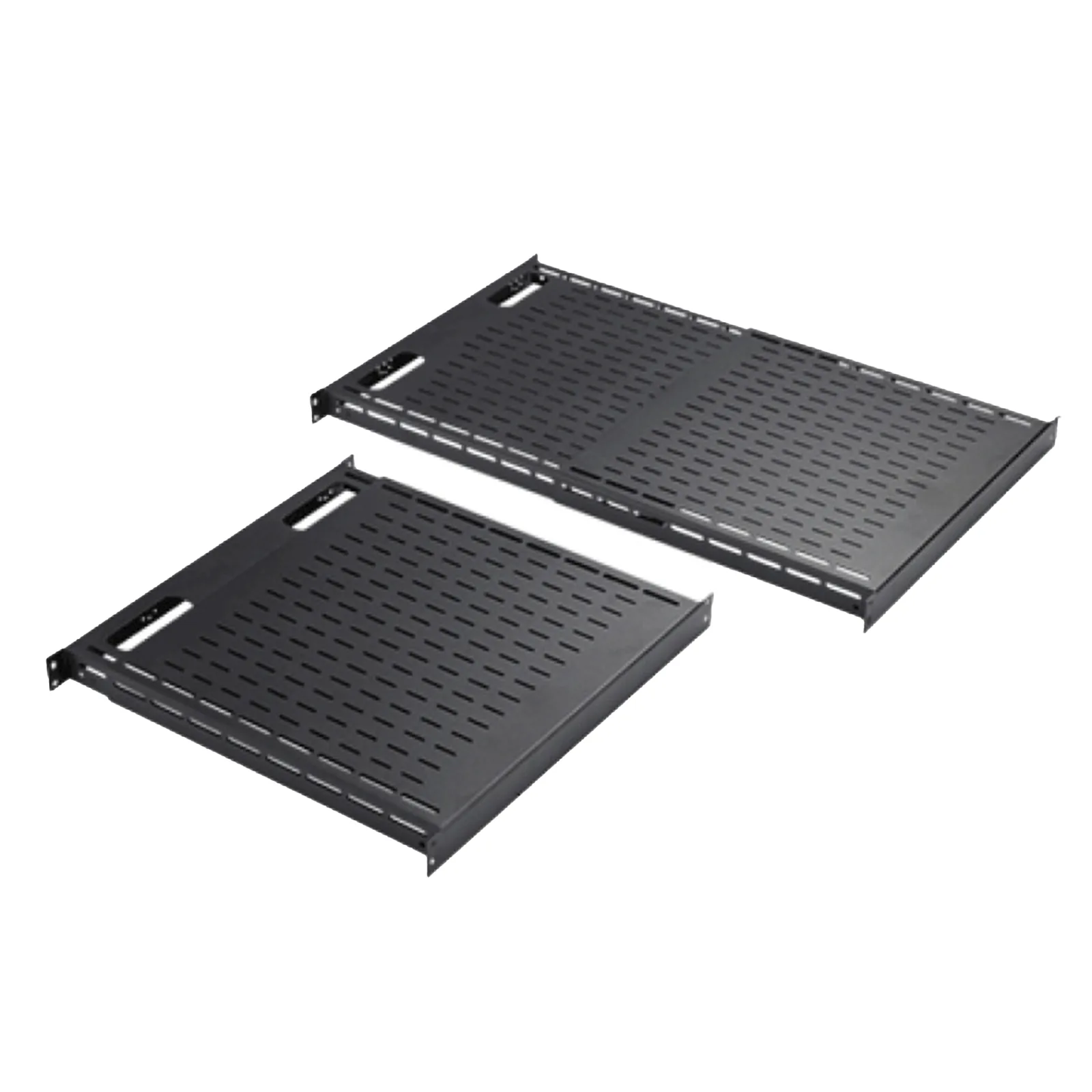 Charola Ventilada de Instalación sin Herramienta, Para Rack o Gabinetes de 4 Postes, Ajustable de 900 a 1200 mm de Profundidad, De Acero, Color Negro