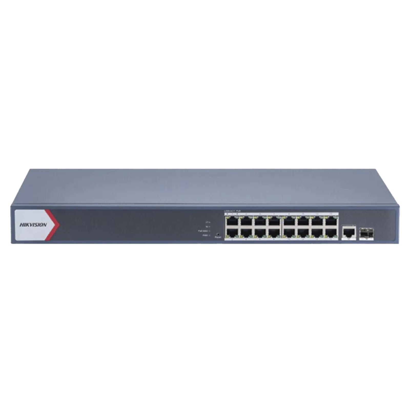 Switch Gigabit PoE+ / Monitoreable / 16 Puertos 1000 Mbps PoE+ / 1 Puerto 1000 Mbps de Uplink / 1 Puerto SFP / Configuración Nube desde Hik-PartnerPro / Modo Extendido hasta 300 Metros / 130 Watts