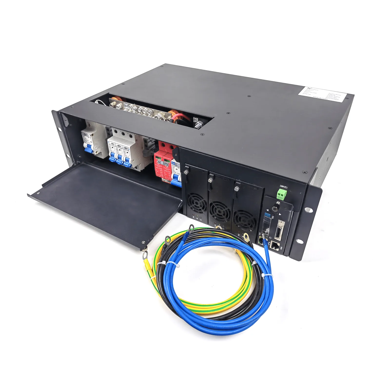 Rectificador de Energía AC 110 Vac / –48 V de Alta Eficiencia, 90 A y 5400 W, 3 UR para Telecomunicaciones como equipos OLTs Modulares / Cargador de Baterias de Litio