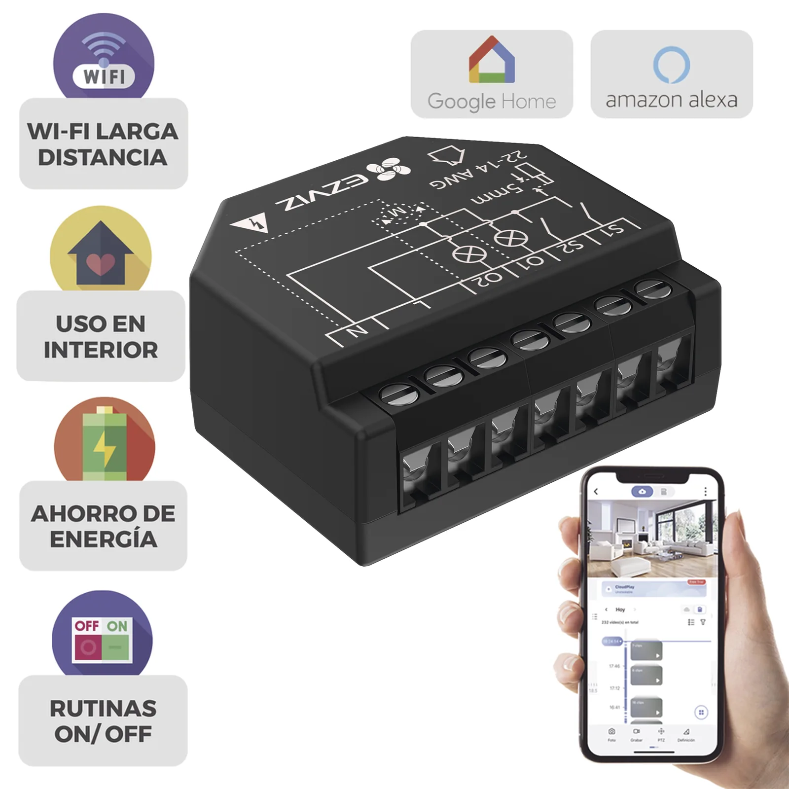 Relevador Wi-Fi Inteligente / 2 Salidas Para 2 Apagadores / Ideal Para Control de Iluminación / Control Remoto / Horarios Personalizados / Registro de Consumo / 110-240VCA
