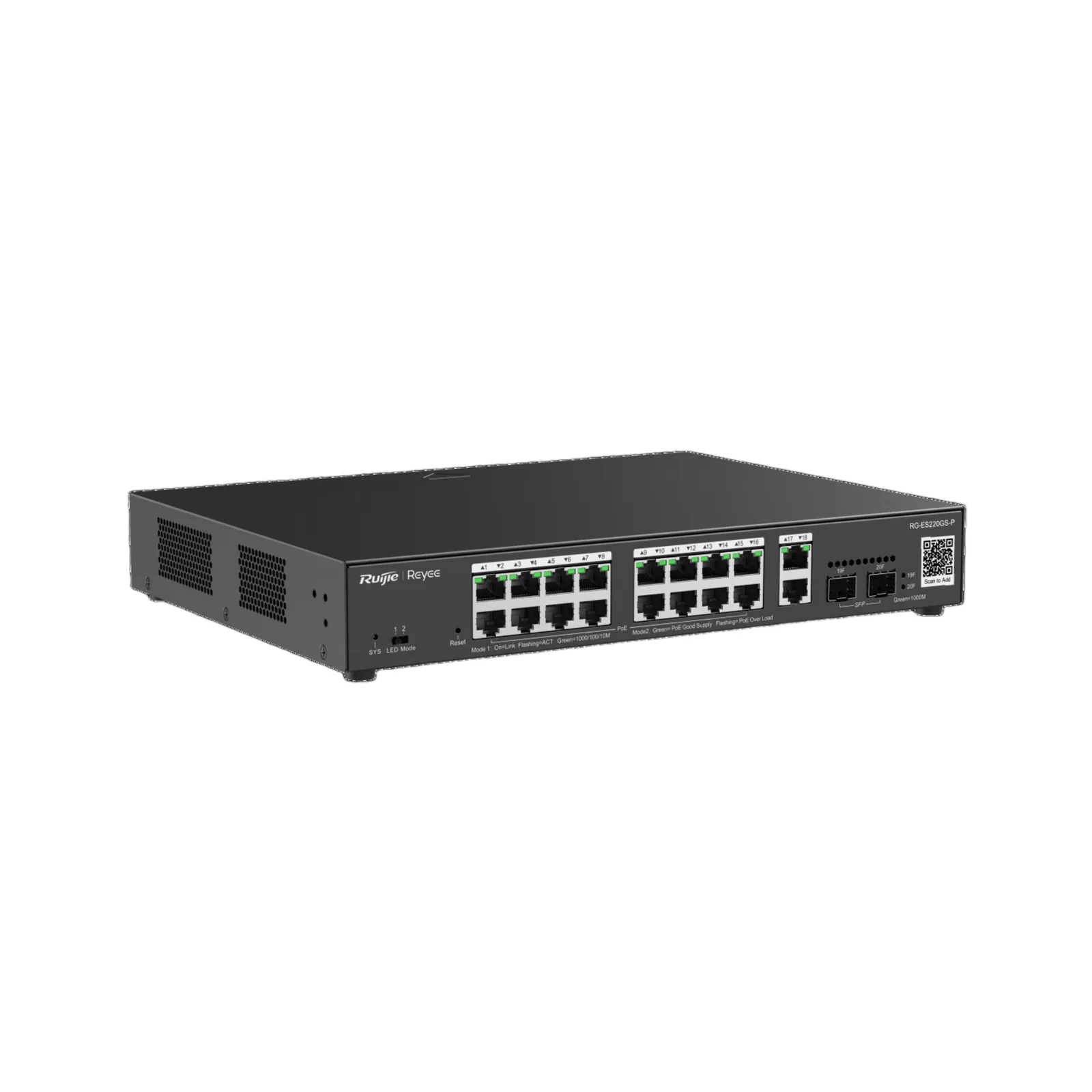 Switch L2 Administrable PoE con 16 puertos Gigabit PoE 802.3af/at + 2 SFP para fibra 1Gb, gestión gratuita desde la nube, 240w