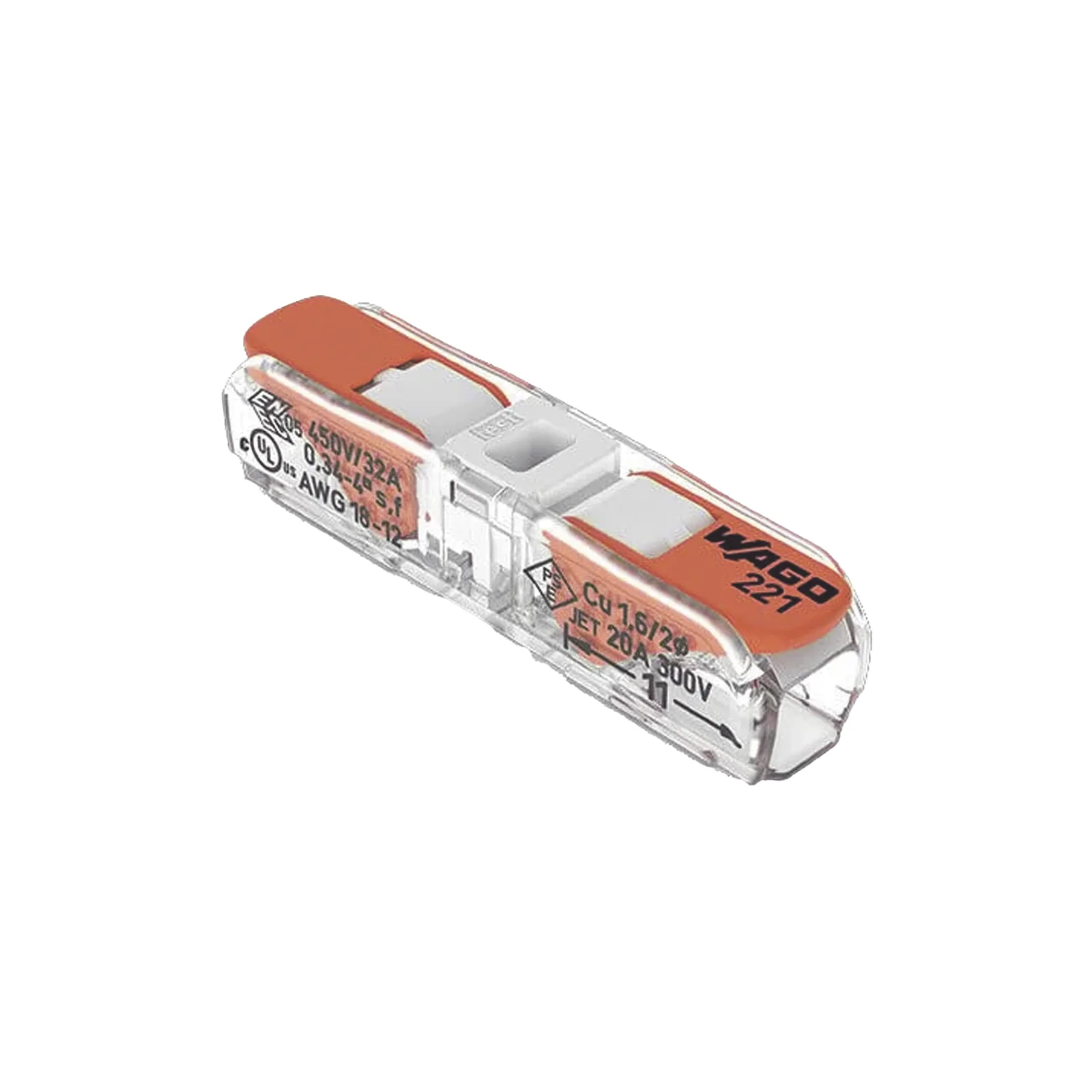 Conector de Instalación en Línea / CAGE CLAMP® con Palancas / 2 Polos / 4 mm² Máx. (12 AWG) / Transparente / 600V UL / 32A / IP20 / T85 85°C