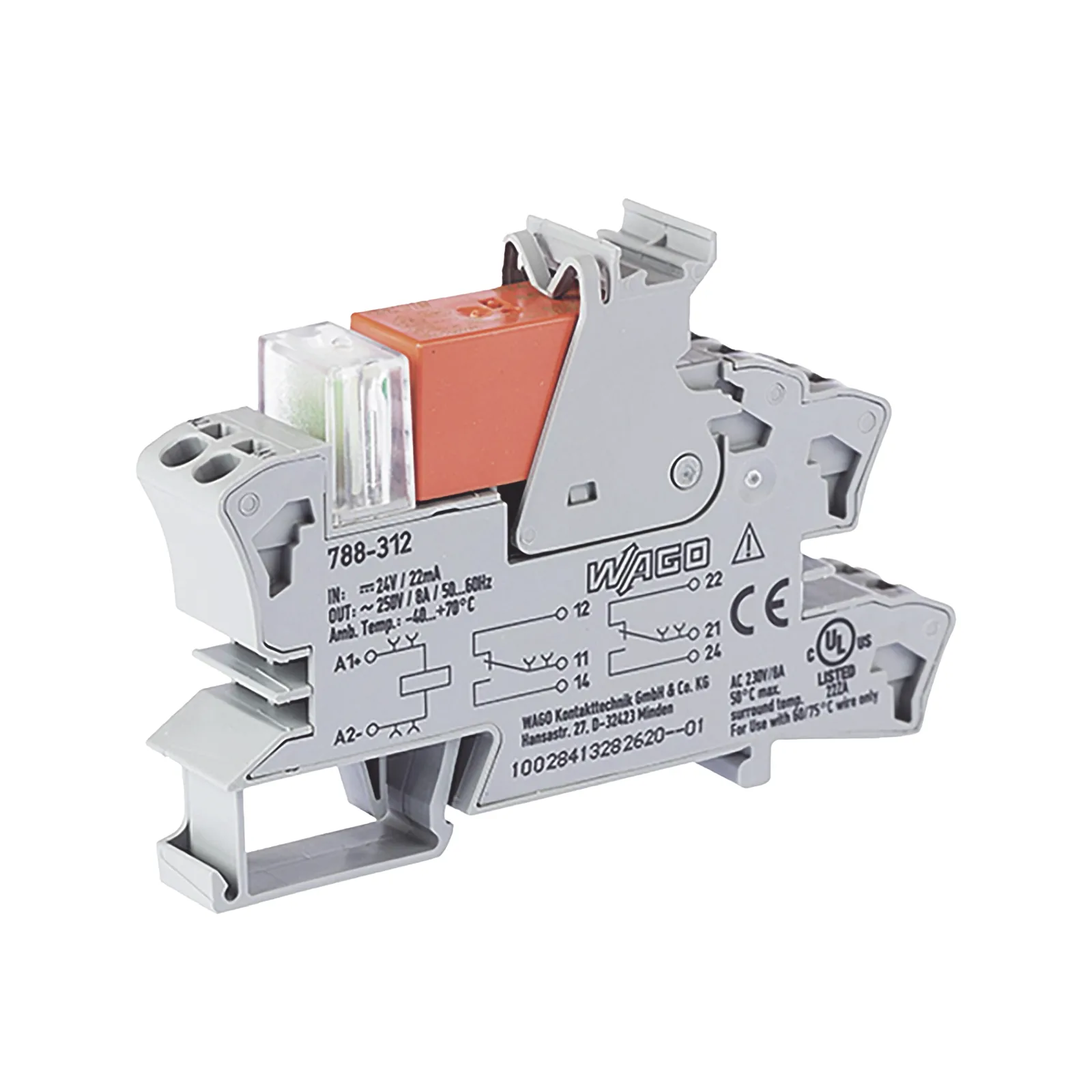 Módulo con Relé / 24 VCC / 2 Inversores / 8 A Corriente Continua / Montaje Riel DIN 15 mm / Indicador LED Rojo / Push-in CAGE CLAMP