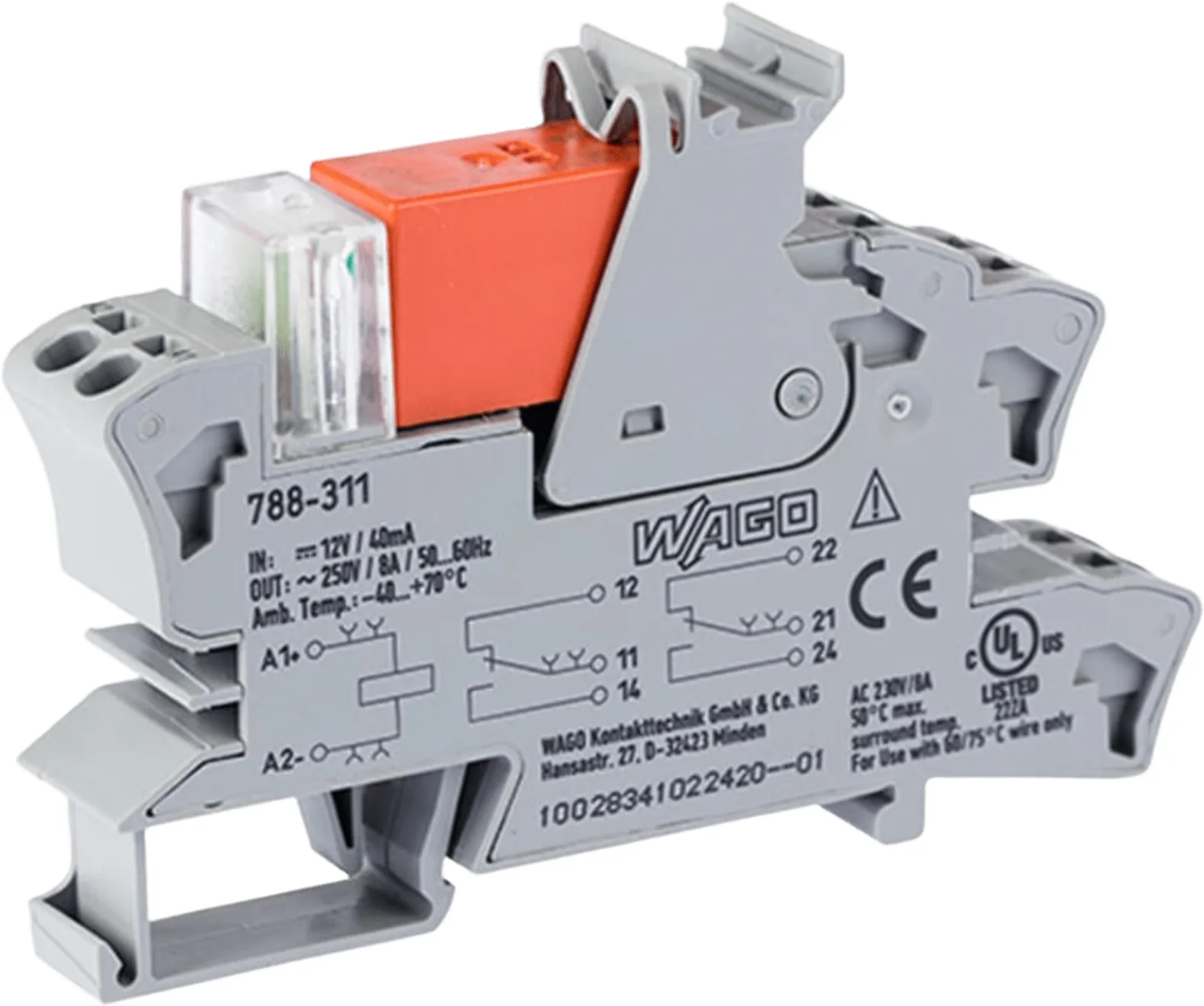 Módulo Relé / 12V DC / 8A / 2 Inversores / LED Rojo / Push-in CAGE CLAMP® / Montaje Carril DIN / IP20 / Gris