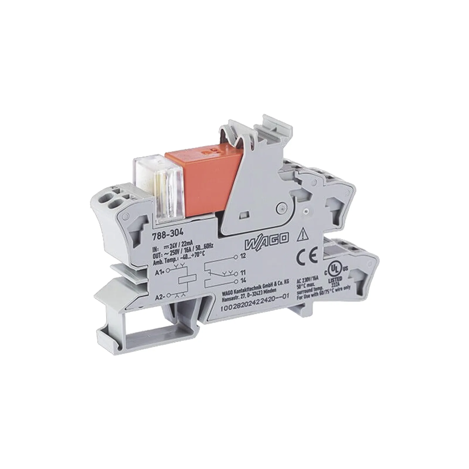 Módulo con Relé / 24 VCC / 16 A / 1 Inversor / Push-in CAGE CLAMP® / LED Rojo / IP20 / Montaje Carril DIN