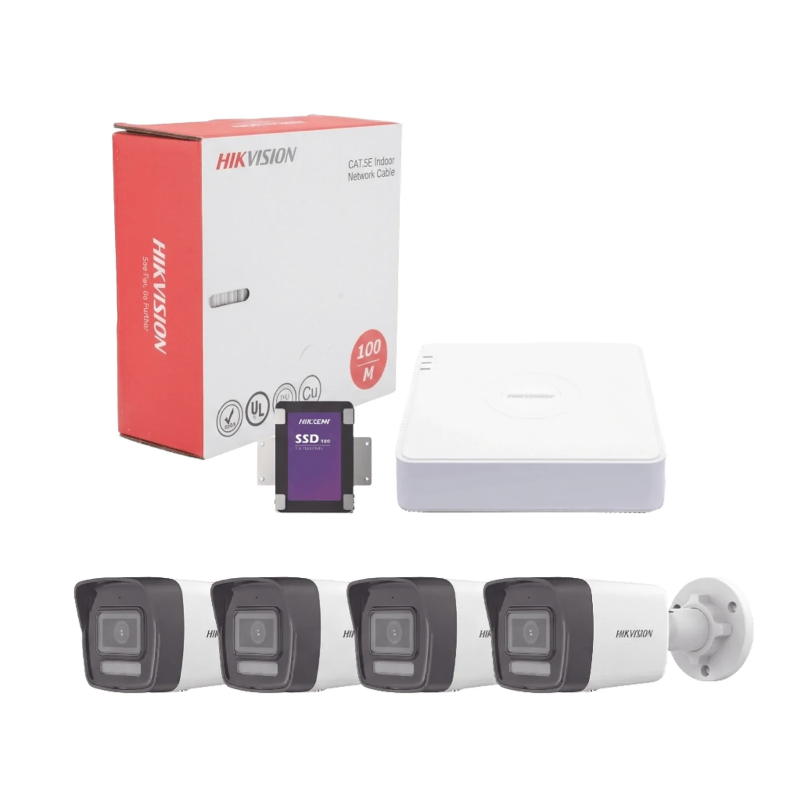 Kit IP 4 Megapixel / NVR de 4 Canales con 4 Puertos PoE / 4 Cámaras IP Bala Dual Light (IR + Luz Blanca) con Microfono Integrado y ACUSENSE Lite para Exterior/ Bobina de Cable de 100 mts / SSD de 1 TB
