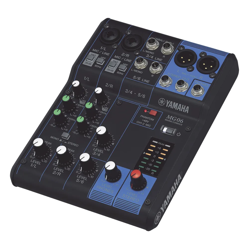 Mezcladora de Audio | 6 Canales | 2 entradas de micro/6 de línea (2 mono + 2 estéreo) | Alimentación Phantom