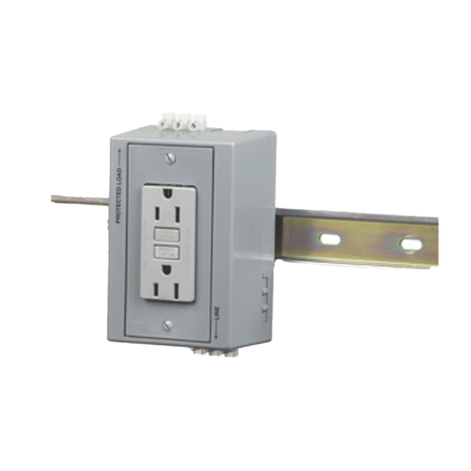 Caja Utilitaria para Montaje en Riel Din con Contacto Duplex de 15 A 125 V / Nema 5-15R / Gris.