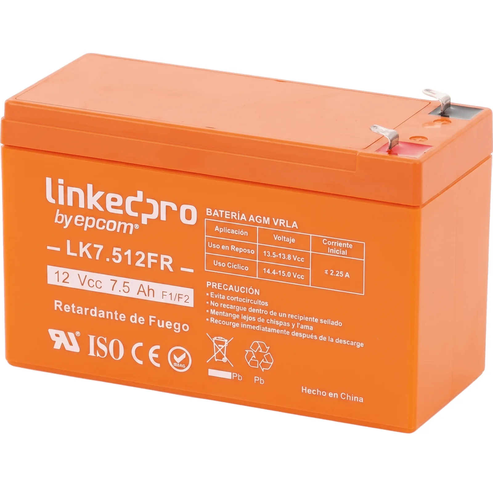 Batería de respaldo 12 V | 7.5 Ah | AGM | Certificada UL94-V0 Retardante a la Flama | Especial para Seguridad Electrónica | UPS | Sistemas de Emergencia | Vida útil 5 años | Terminales F1 + Adaptador F2