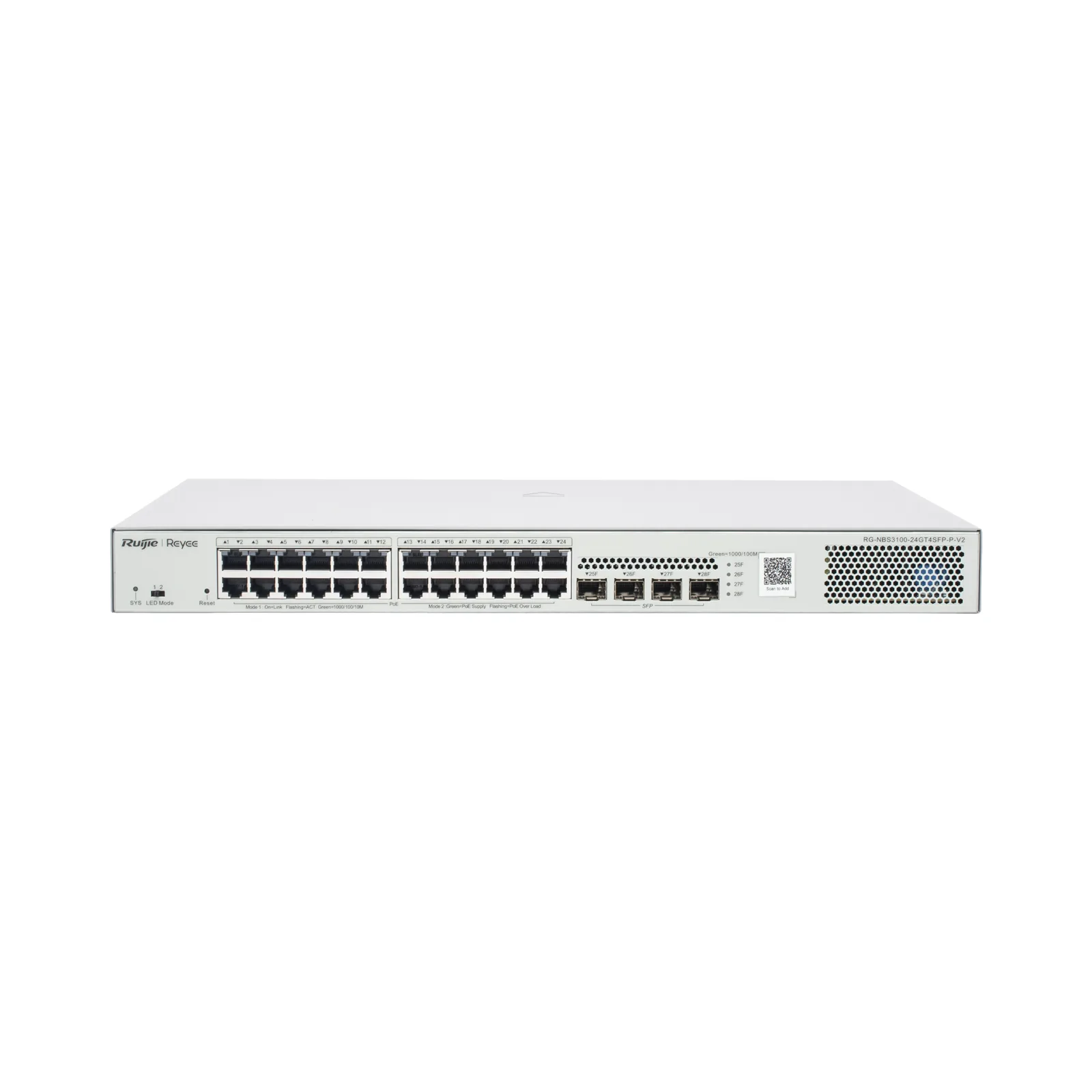 Switch Administrable L2 PoE+ hasta 370W, 24 Puertos Eth 1G, 4 puertos SFP 1G, Administración Remota en la Nube.