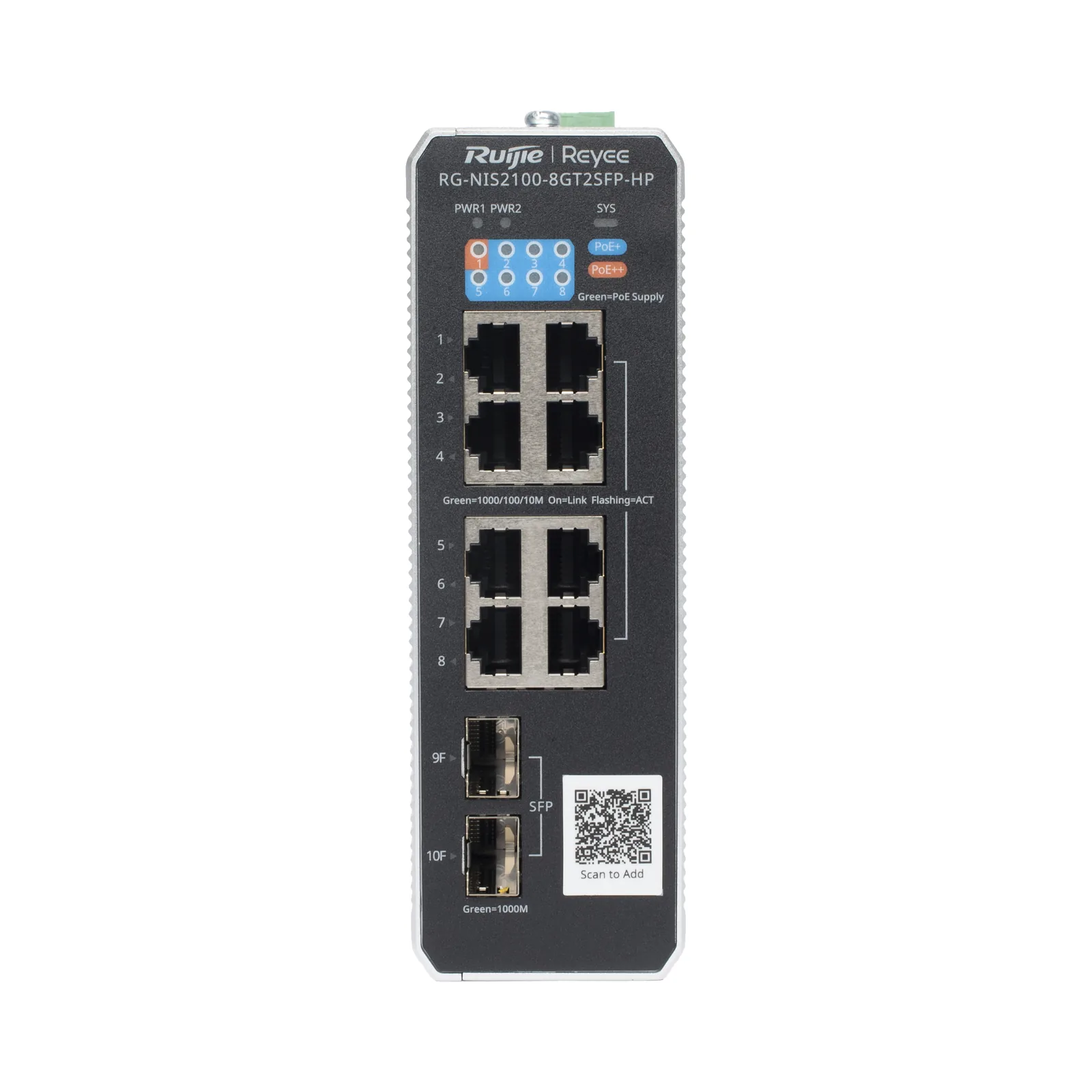 Switch Industrial PoE+ hasta 300 watts , Ideal para temperaturas Extremas y protección contra descargas, 1 puerto PoE++ 60W y 7 puertos PoE+ 30W, 2 SFP Uplink