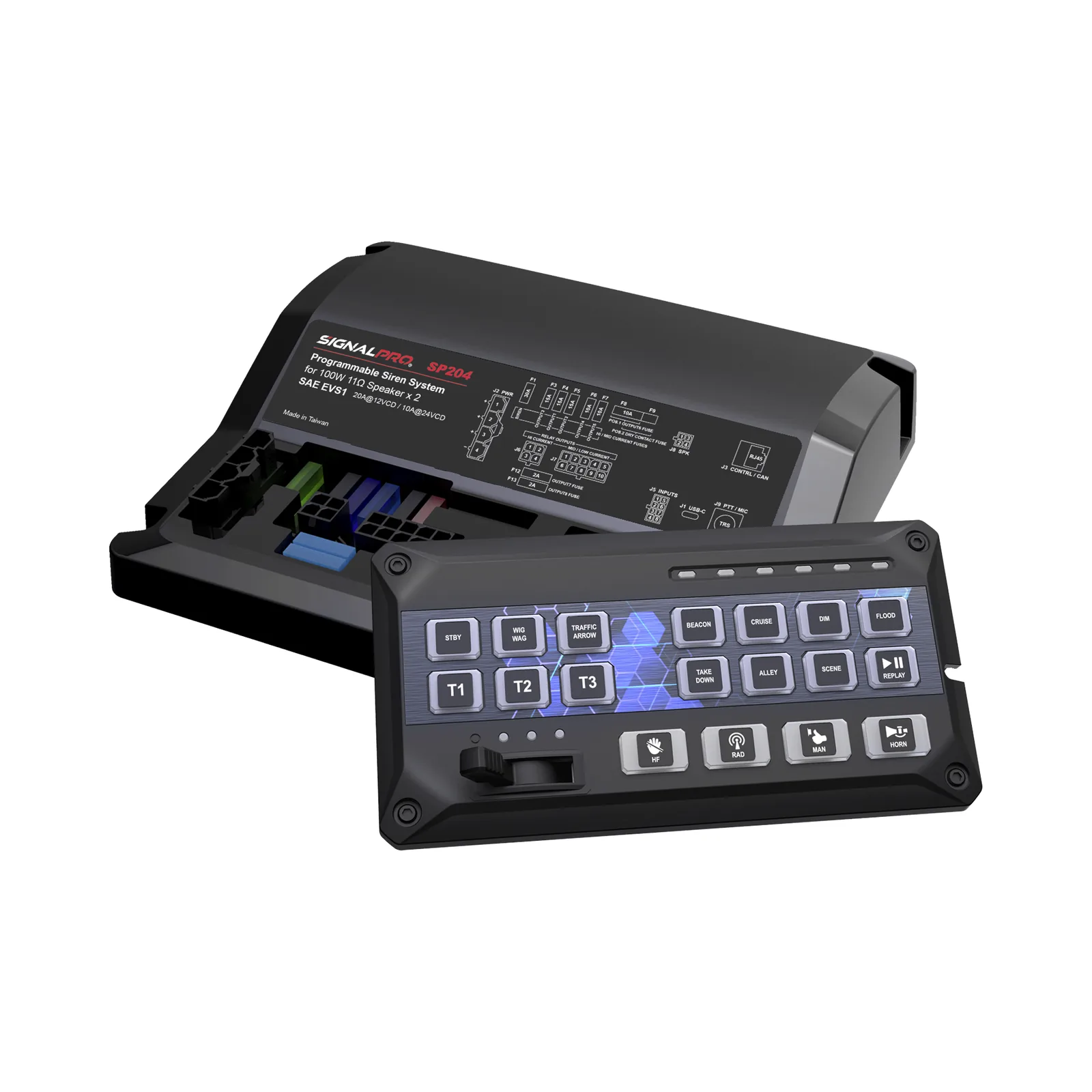 Sirena Vehicular de 200W de Potencia, Con Controlador de Panel Deslizante de 19 botones, indicador de flecha de tráfico de 6 LED, 12 Salidas Auxiliares