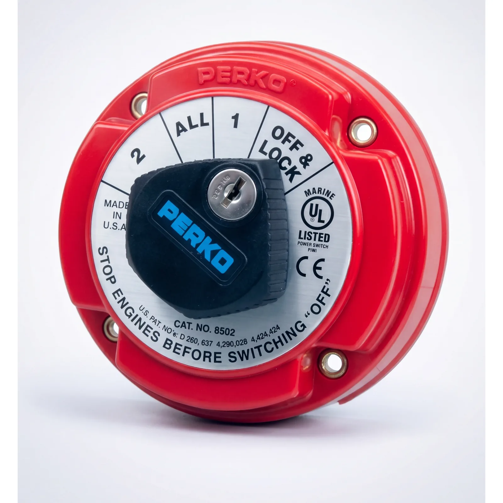 Switch Selector de Batería Marina PERKO 8502 con Llave / 250A Continuos 360A Intermitentes / 6-32 VCC / Selector 1-2-Both-Off / Bloqueo con Llave / Encendido Protegido