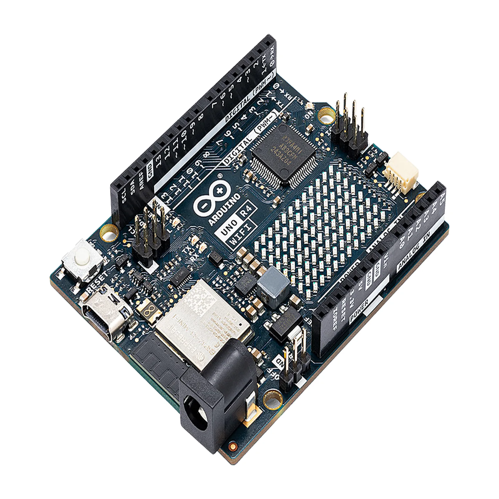 Placa de Desarrollo Arduino UNO R4 WiFi / Microcontrolador 32-bit RA4M1 Arm Cortex-M4 48 MHz / ESP32-S3 WiFi 4 y Bluetooth 5 / 256 kB Flash + 32 kB SRAM / Matriz LED 12x8 / DAC 12-bit / Compatibilidad Shields UNO