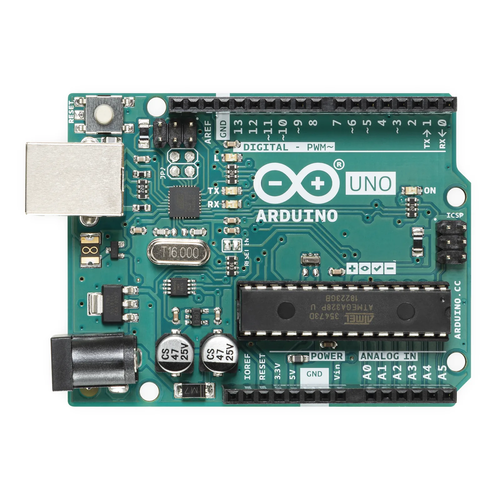 Placa de Desarrollo Arduino UNO R3 / Microcontrolador ATmega328P / 14 Pines Digitales / 6 Entradas Analógicas / USB-B / Compatibilidad Shields / Educación e Industria