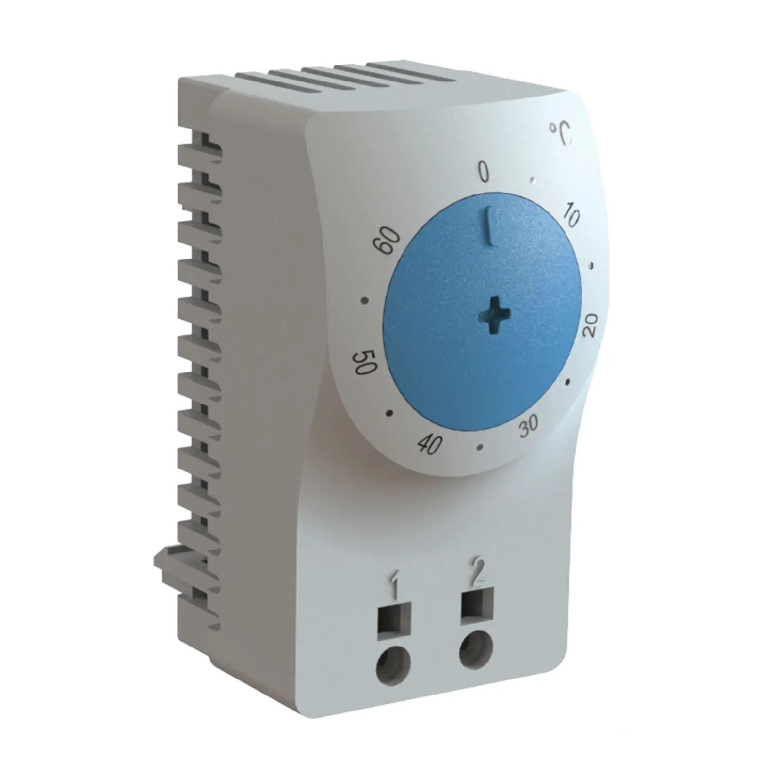 Termostato/Interruptor Para Control de Temperatura en Grados Celsius, Para Uso con Ventiladores, Con Terminales de Conexión, y Clip para Riel Din de 35 mm, Color Gris Claro