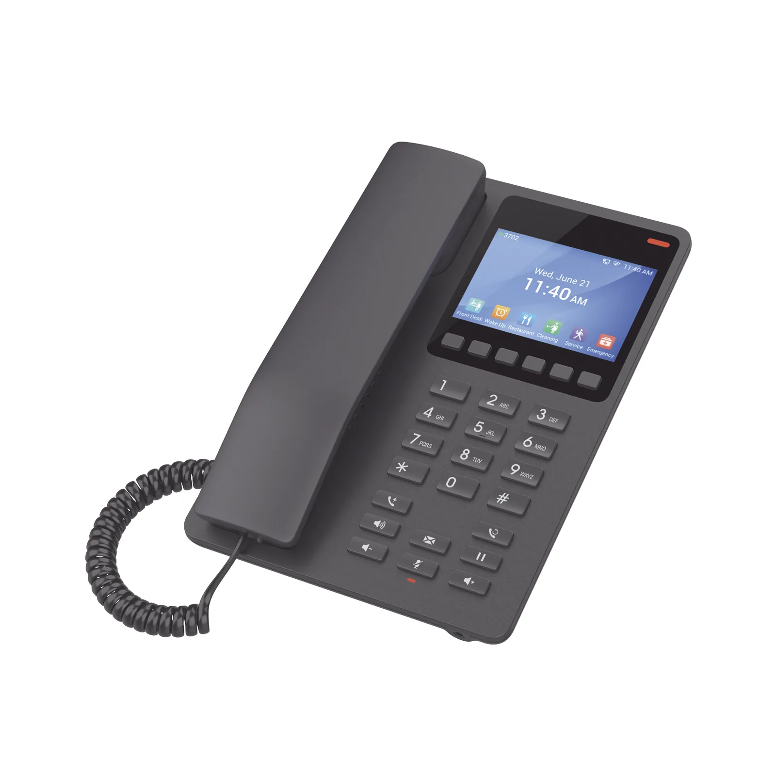Teléfono IP Hotelero con pantalla LCD a color, 2 líneas SIP con 2 cuentas, codec Opus, IPV4/IPV6, color negro, con gestión en la nube GDMS
