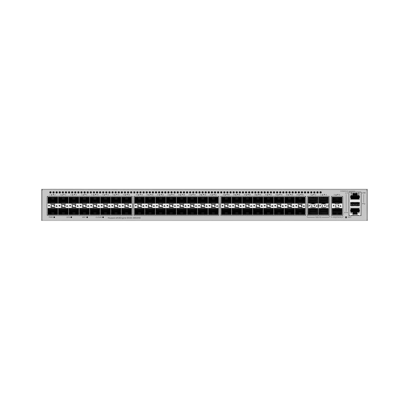 Switch Empresarial Core Gigabit Administrable Capa 3 / 48 puertos 1GE SFP / 4 Puertos 10GE SFP+ Uplink / 2 Puertos 10GE SFP+ (Stack) / ERPS / Ruteo Dinamico (RIP, OSPF, IS-IS y BGP) / iStack / Administración Nube Gratis