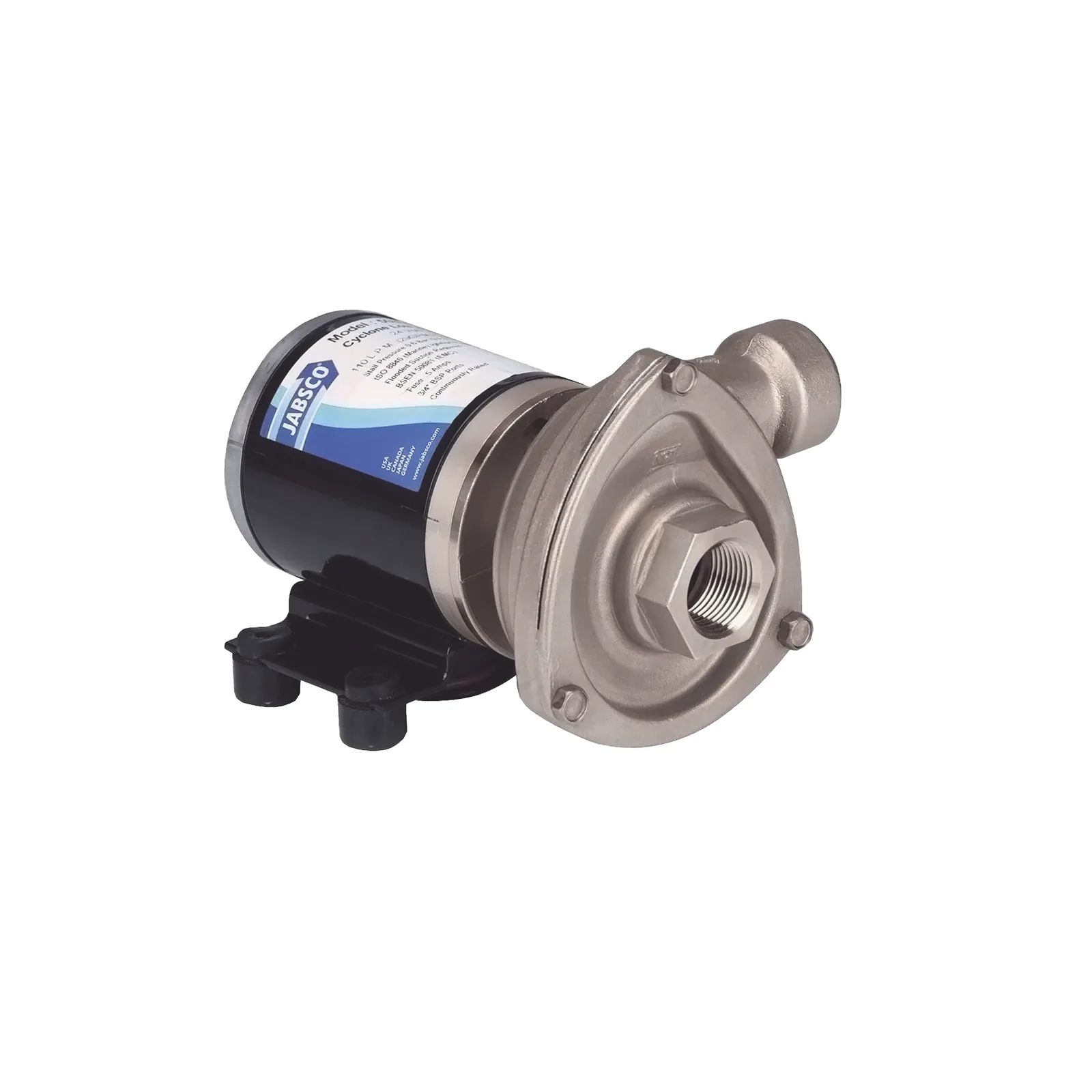 Bomba centrifuga Cyclone de baja presión a 12 Vcd, caudal de hasta 29 GPM, presión máxima de 8.7 psi, en acero inoxidable.